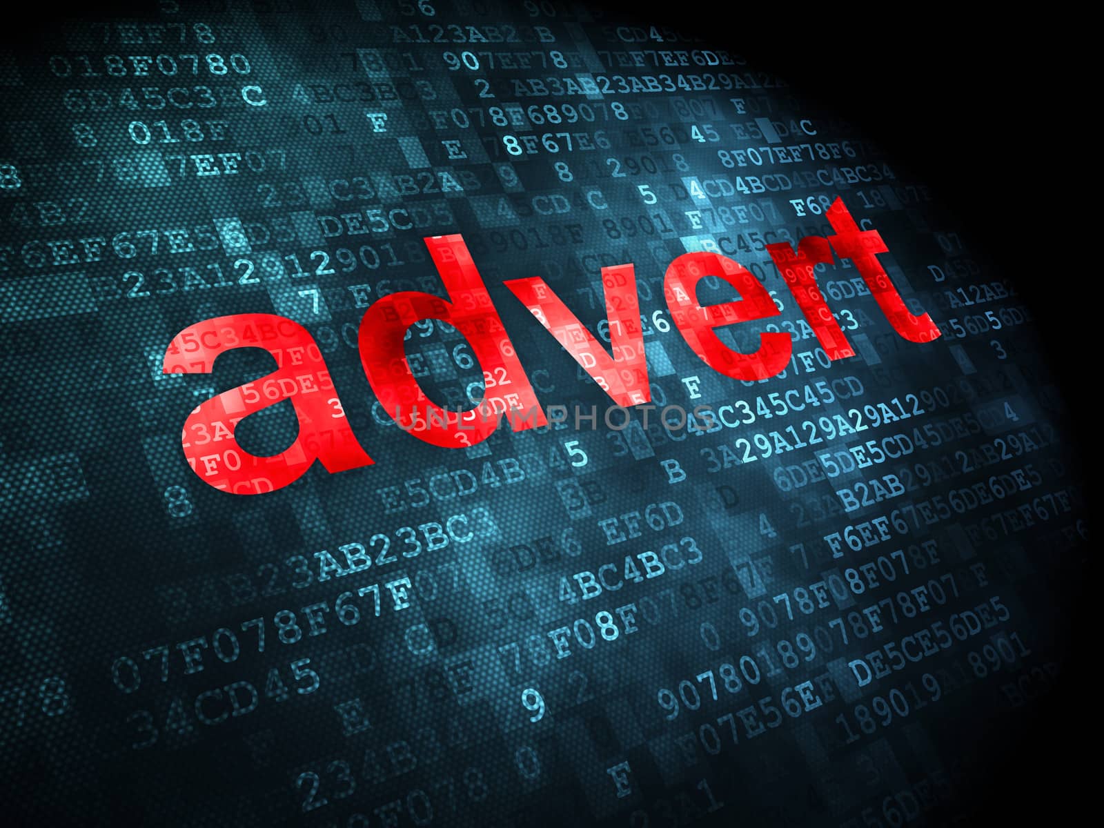 Advertising concept: pixelated words Advert on digital background, 3d render