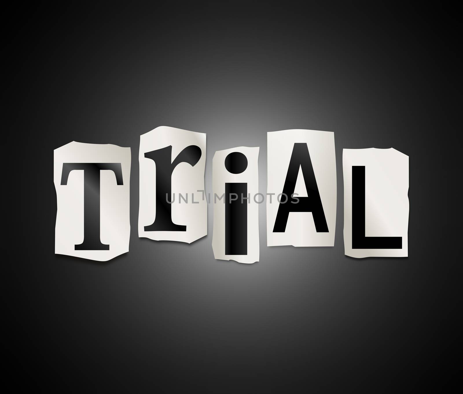 Illustration depicting a set of cut out printed letters formed to arrange the word trial.