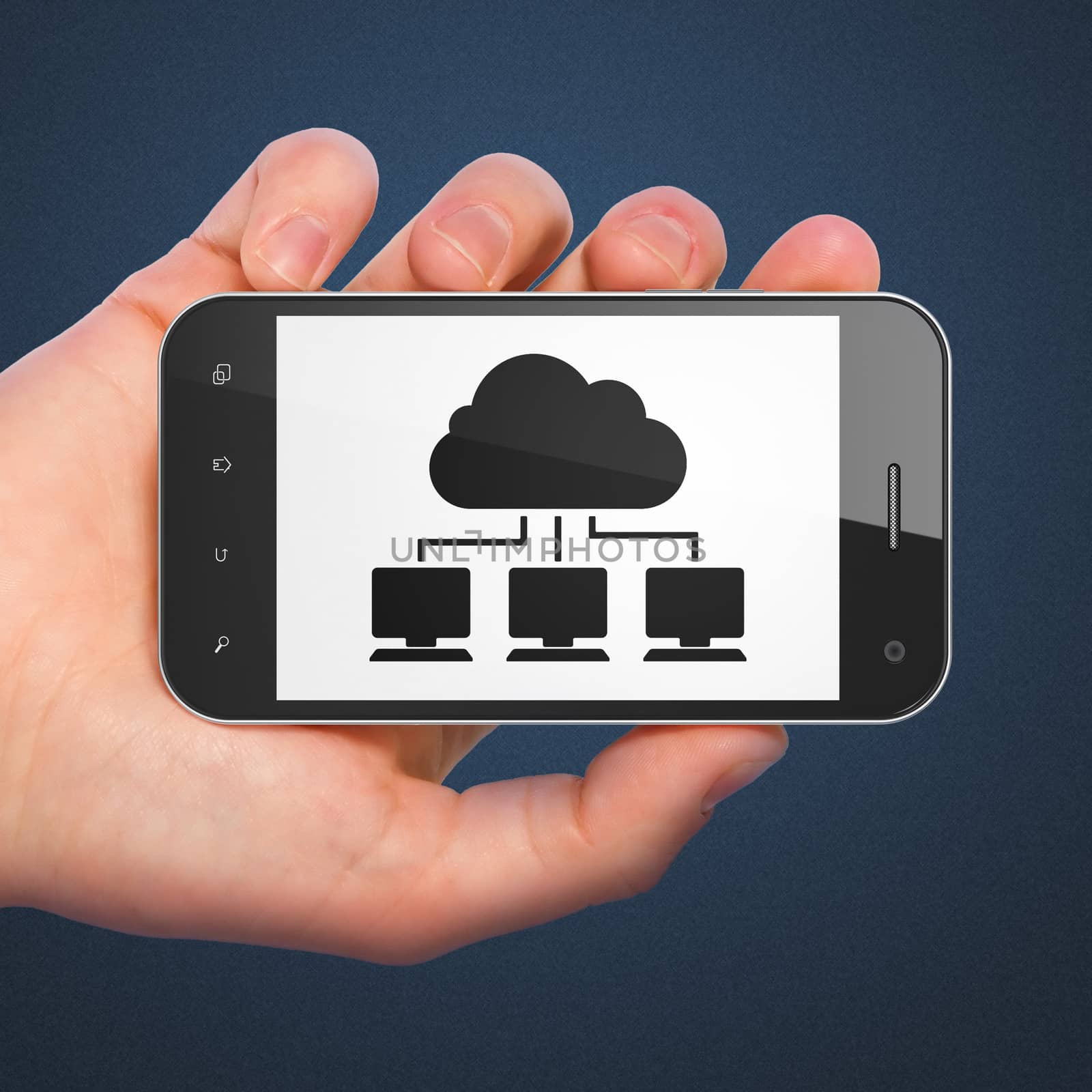 Cloud networking concept: hand holding smartphone with Cloud Network on display. Generic mobile smart phone in hand on Dark Blue background.
