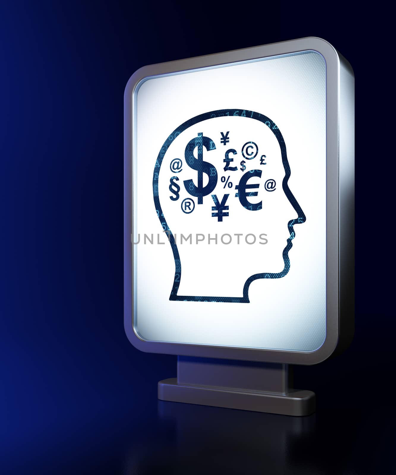 Marketing concept: Head With Finance Symbol on advertising billboard background, 3d render