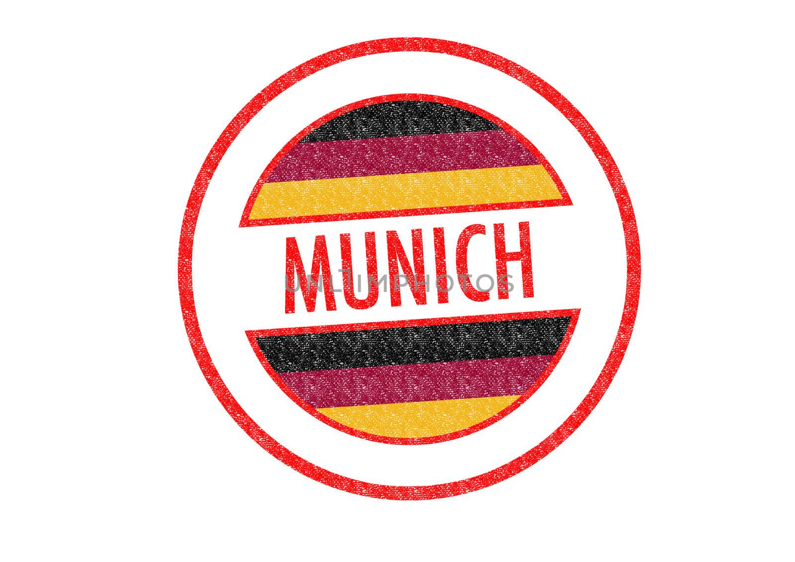 Passport-style MUNICH rubber stamp over a white background.