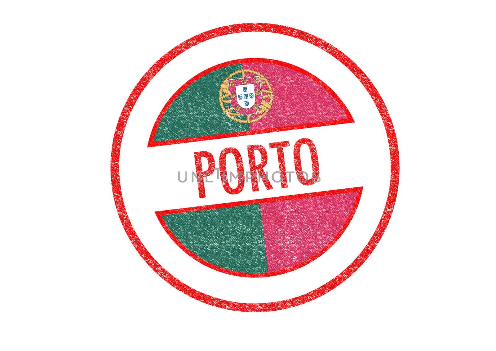 Passport-style PORTO rubber stamp over a white background.