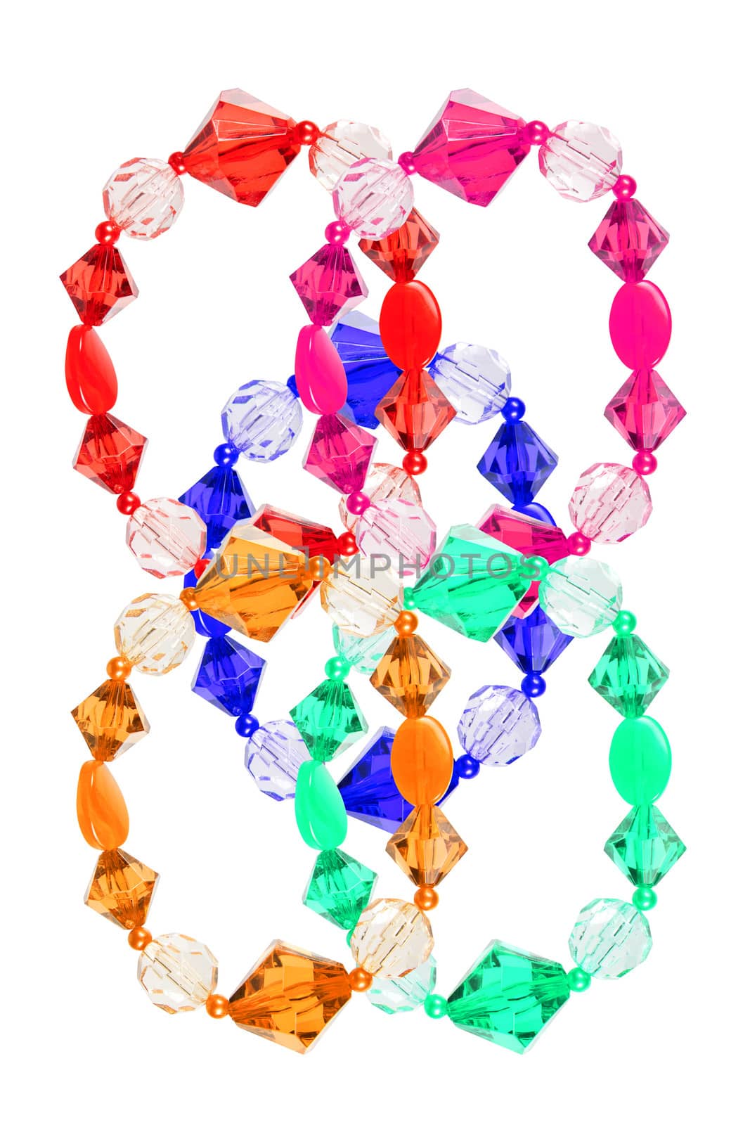 Bracelets made of glass, isolated on a white background. Collage