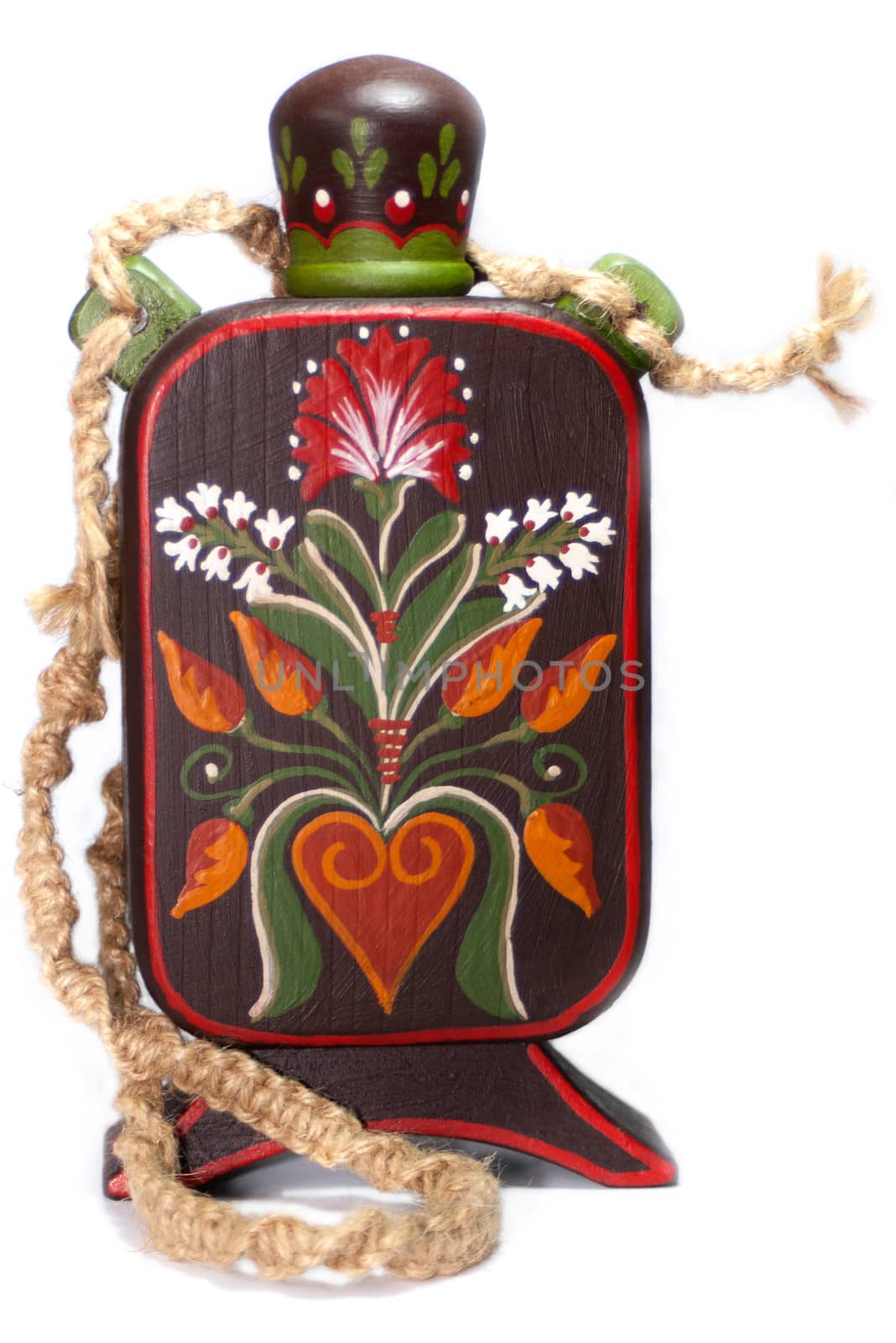 Decorative traditional wooden flask with belt.