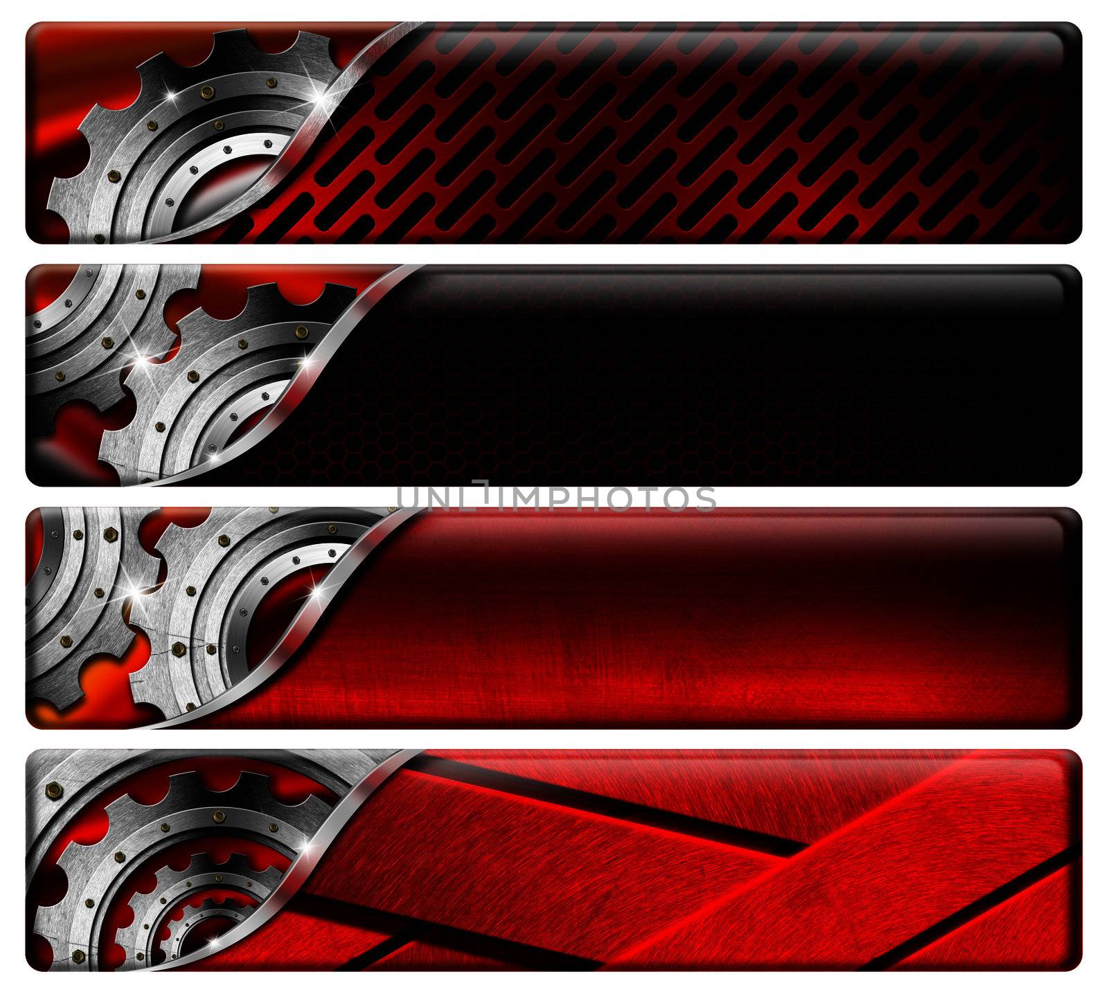 Four Industrial Red and Metal Headers by catalby