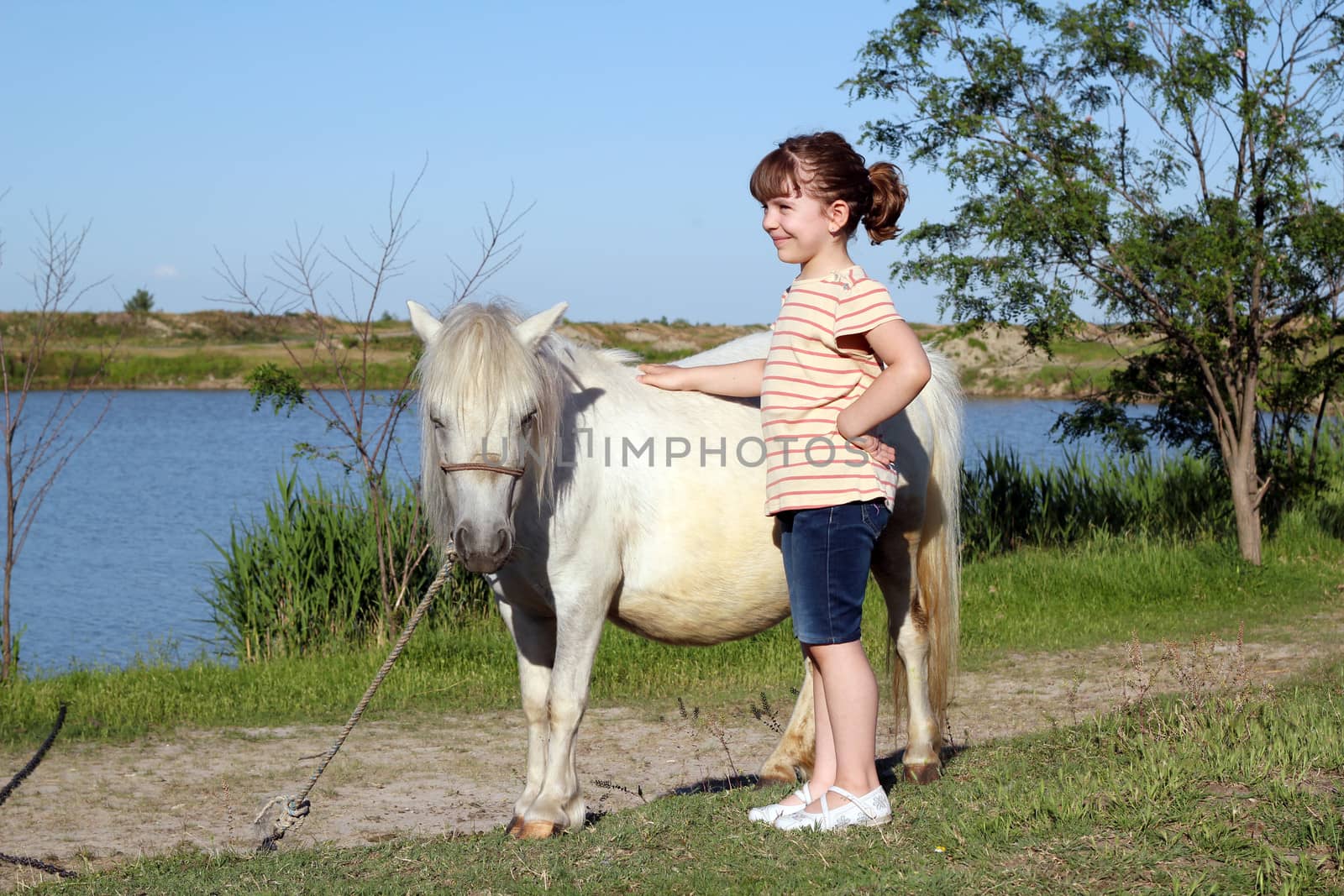 happy little girl with pony horse by goce