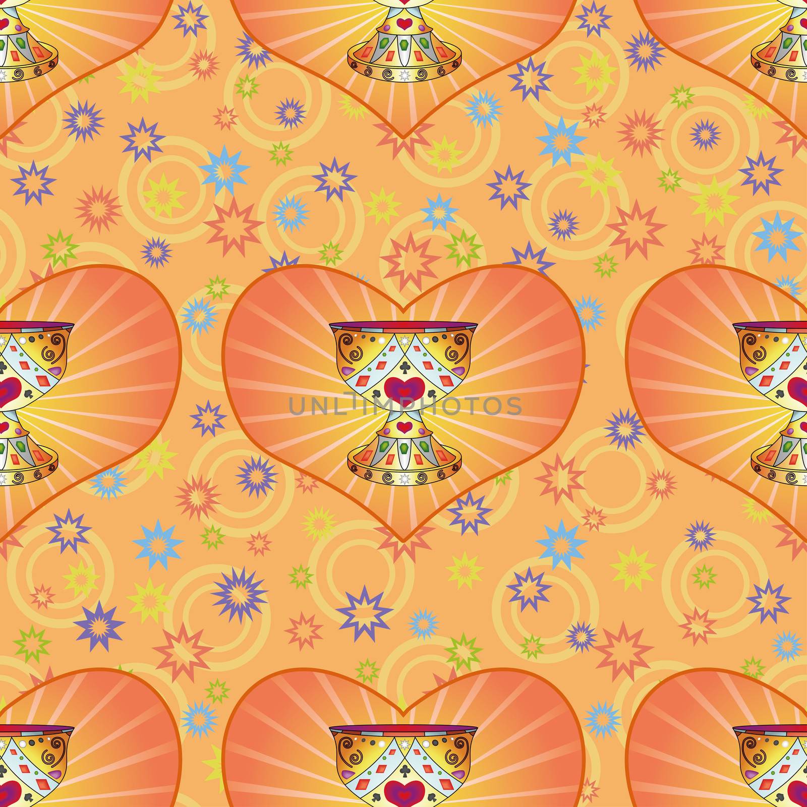 Seamless background, legendary bowl Holy Grail, heart and abstract pattern.