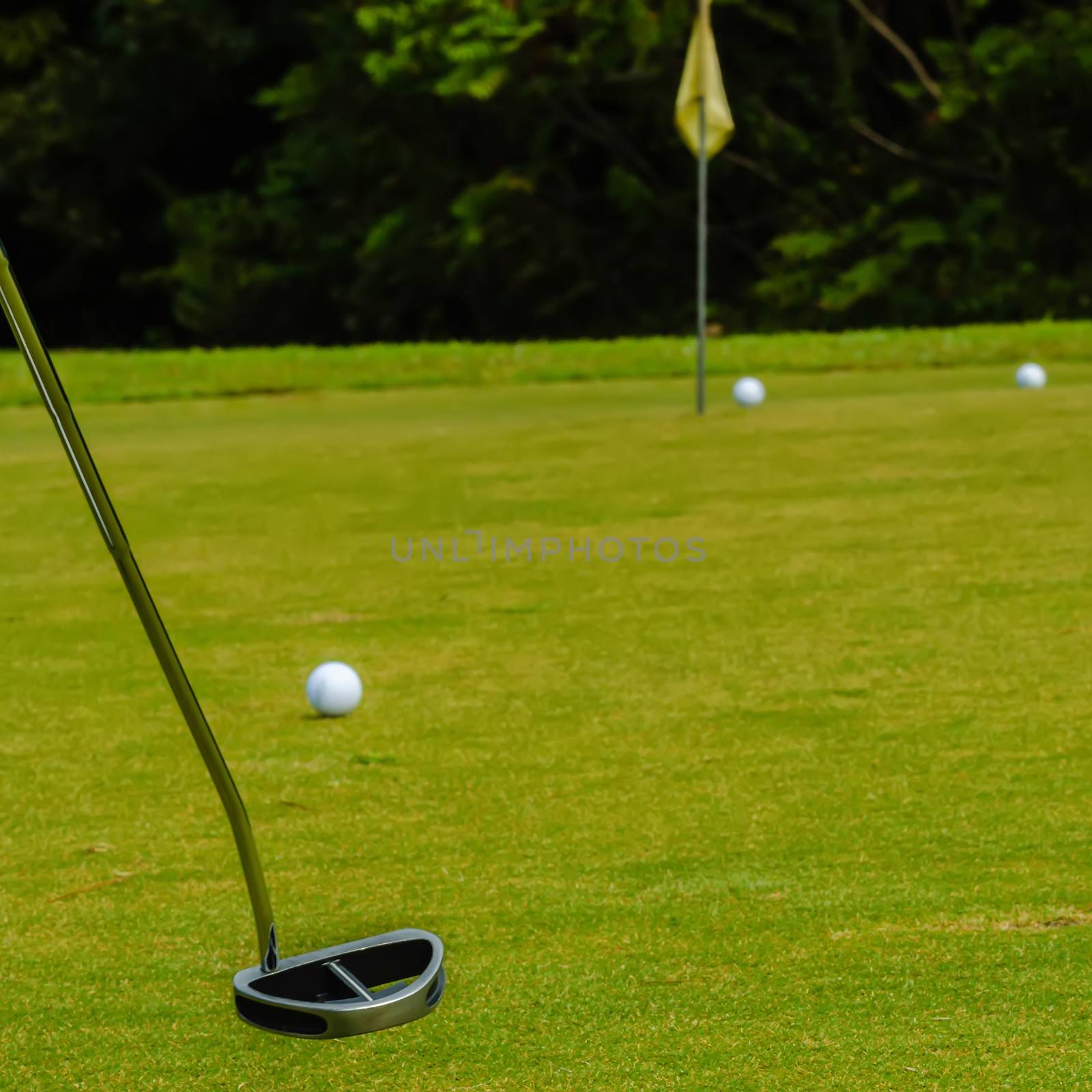 Golf ball on a green, in front of the hole,