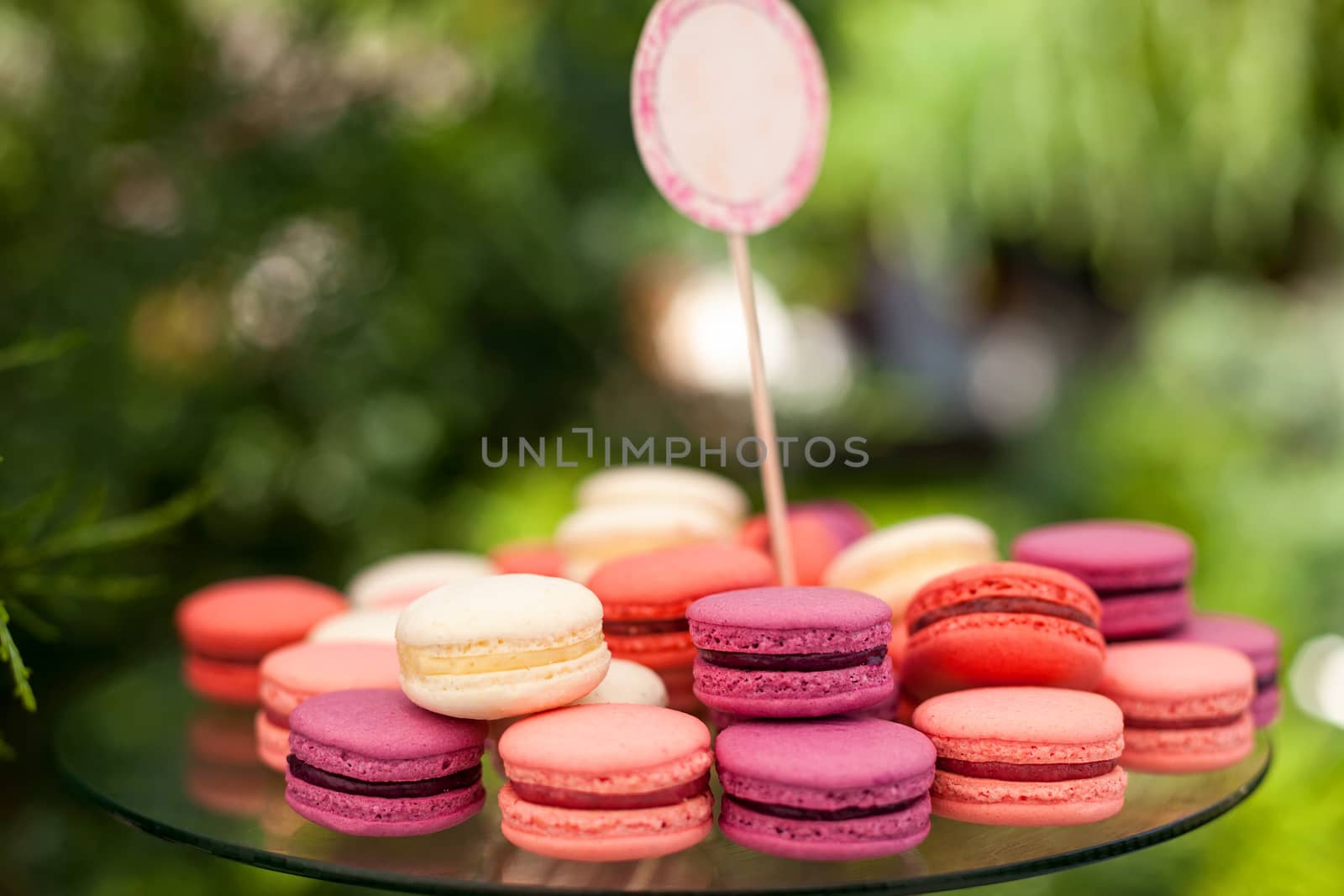 Tasty colorful macaroons on plate by photobac