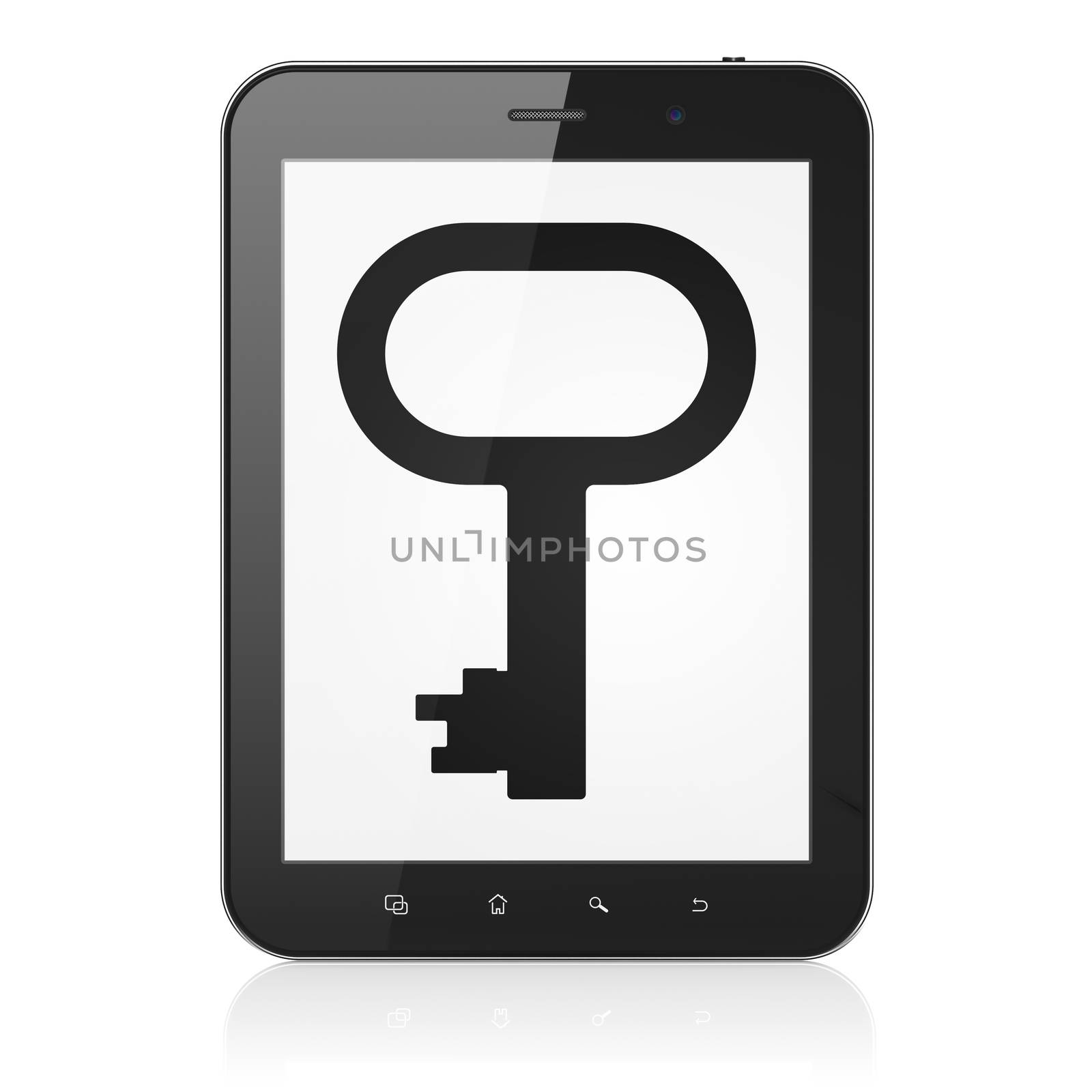 Privacy concept: black tablet pc computer with Key icon on display. Modern portable touch pad on White background, 3d render