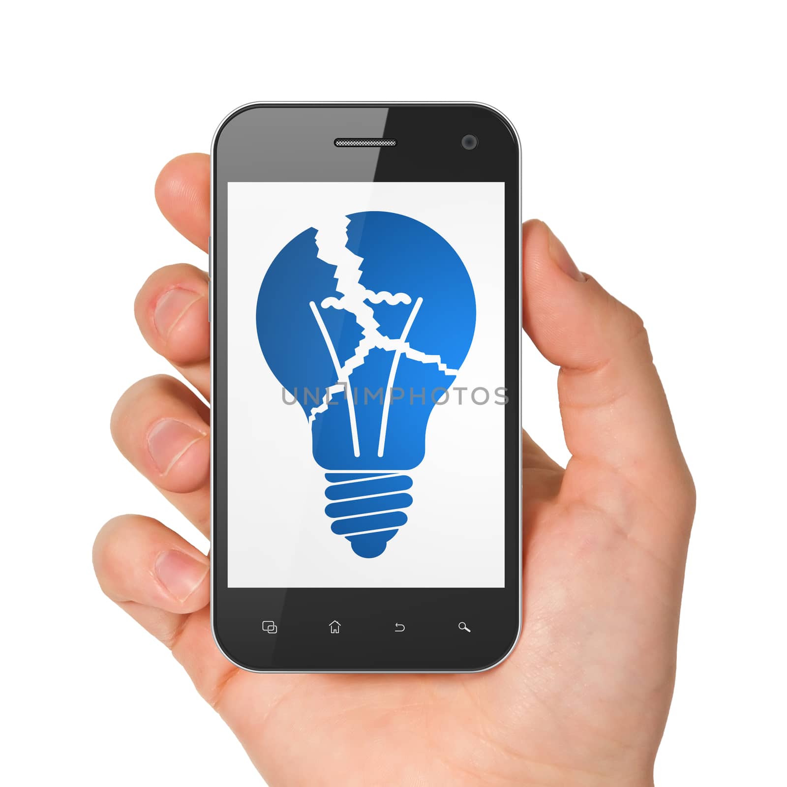 Finance concept: hand holding smartphone with Light Bulb on display. Mobile smart phone in hand on White background, 3d render