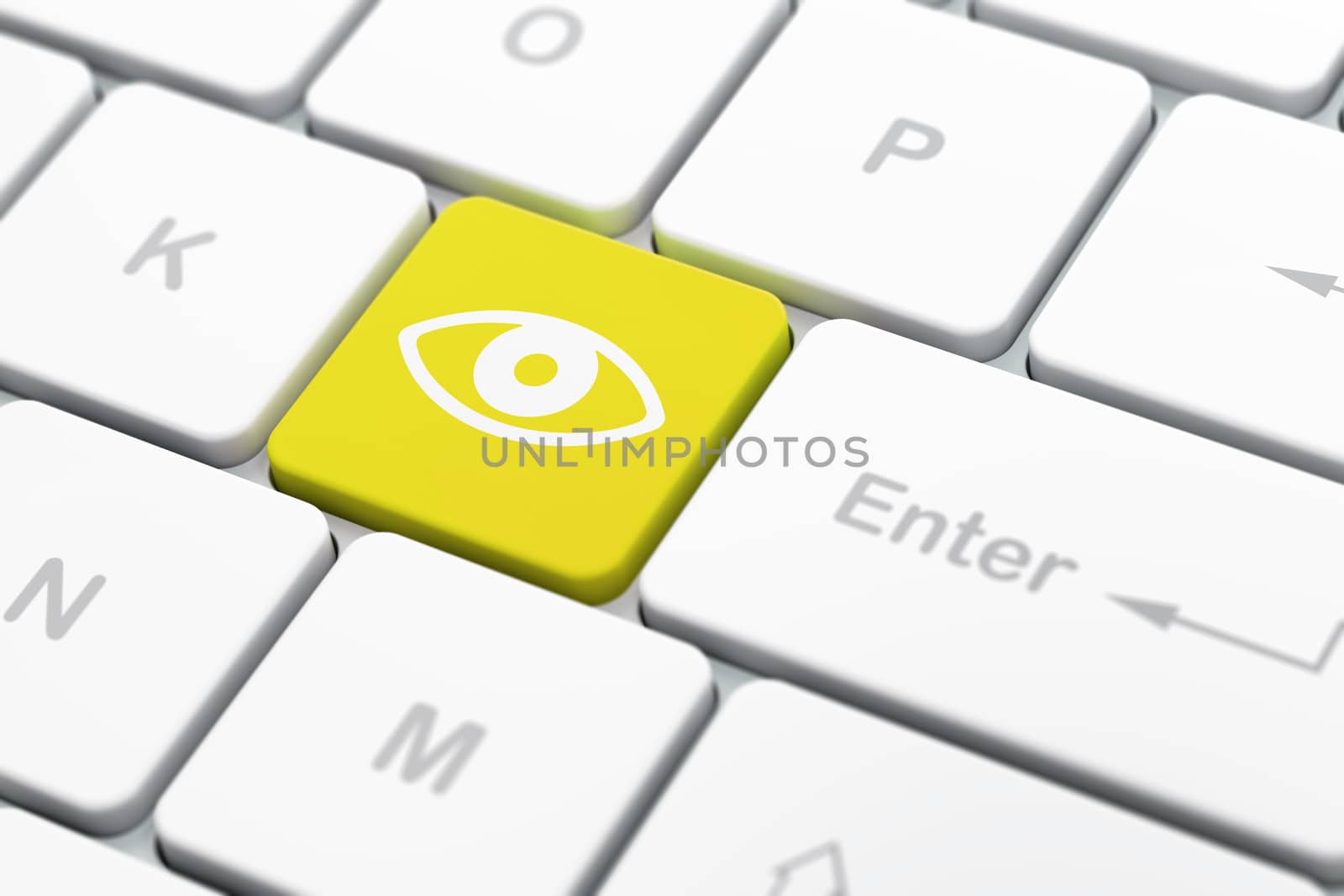 Privacy concept: computer keyboard with Eye icon on enter button background, selected focus, 3d render