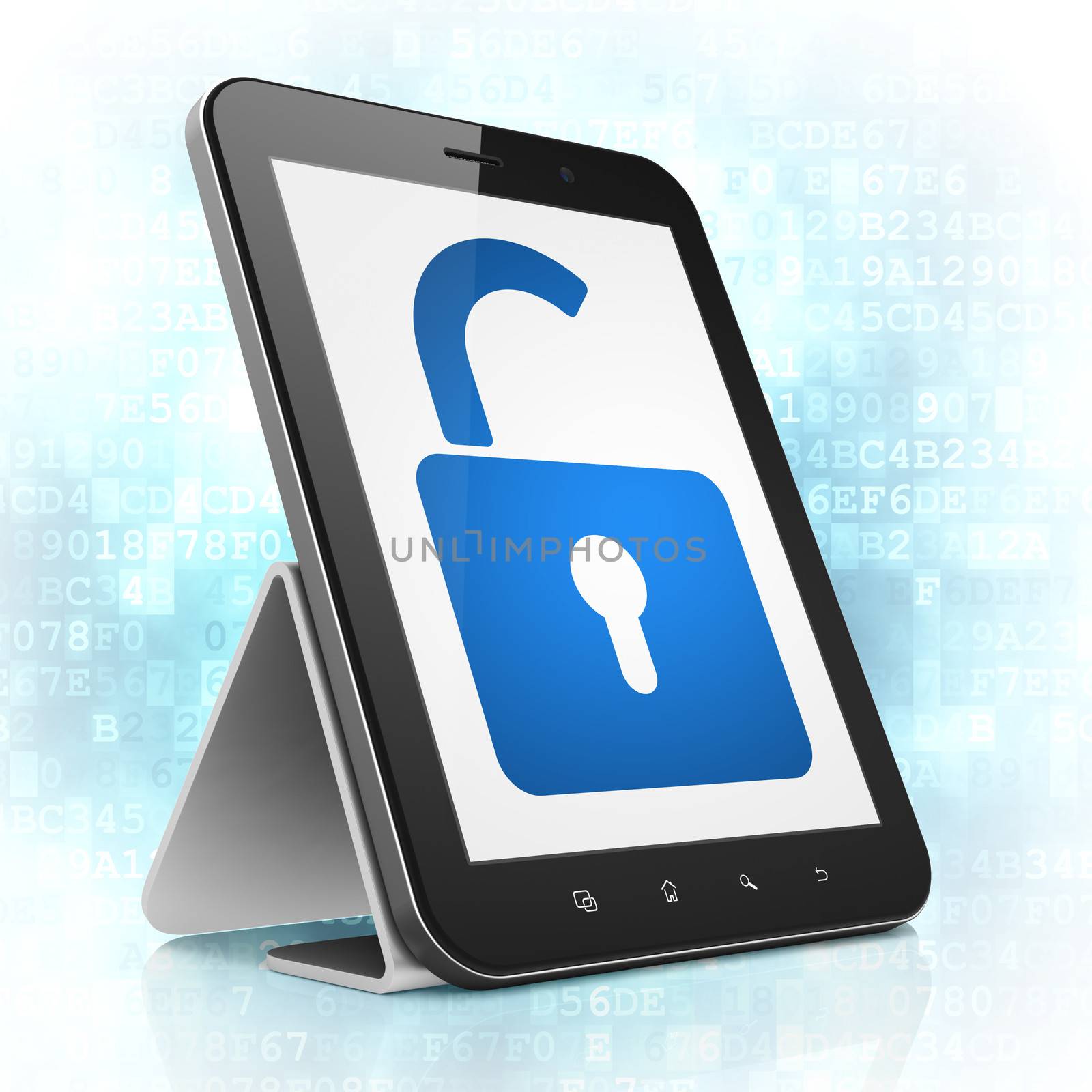 Safety concept: black tablet pc computer with Opened Padlock icon on display. Modern touch pad on Blue Digital background, 3d render