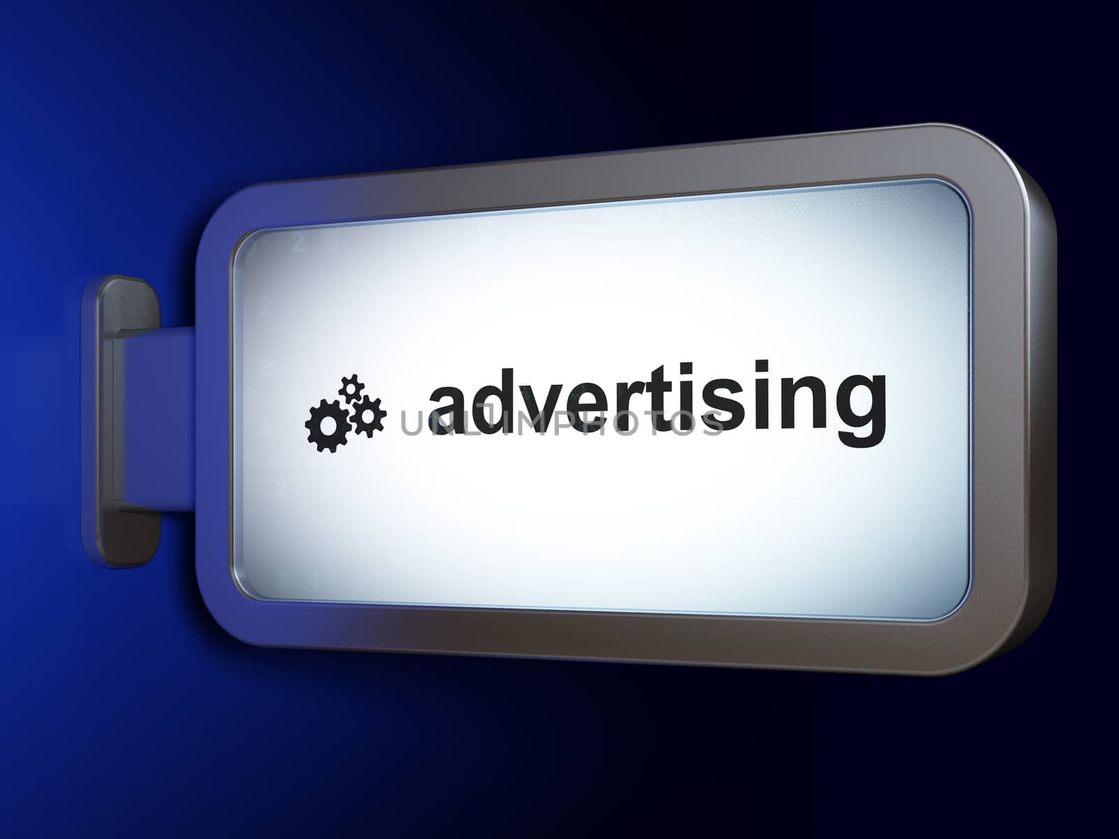 Marketing concept: Advertising and Gears on advertising billboard background, 3d render