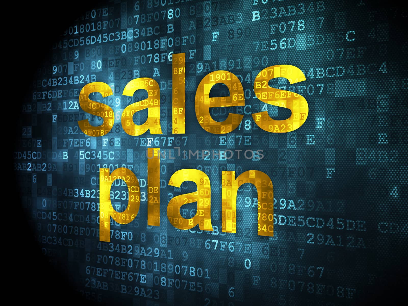 Marketing concept: pixelated words Sales Plan on digital background, 3d render