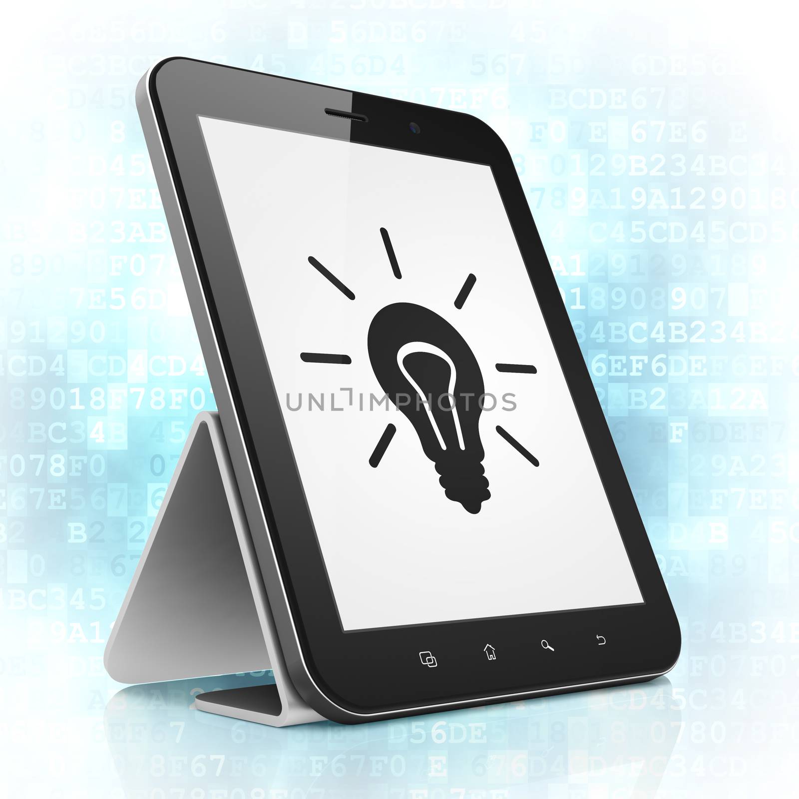 Business concept: black tablet pc computer with Light Bulb icon on display. Modern portable touch pad on Blue Digital background, 3d render