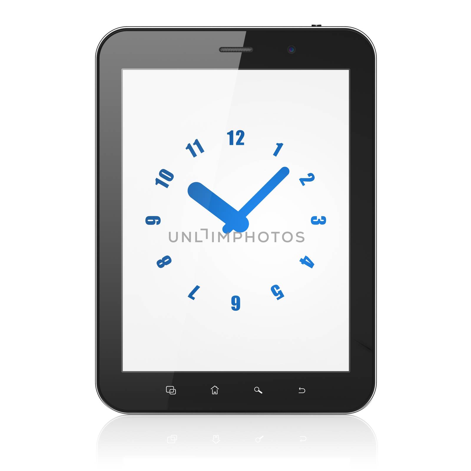 Time concept: black tablet pc computer with Clock icon on display. Generic modern portable touch pad device on White background, 3d render