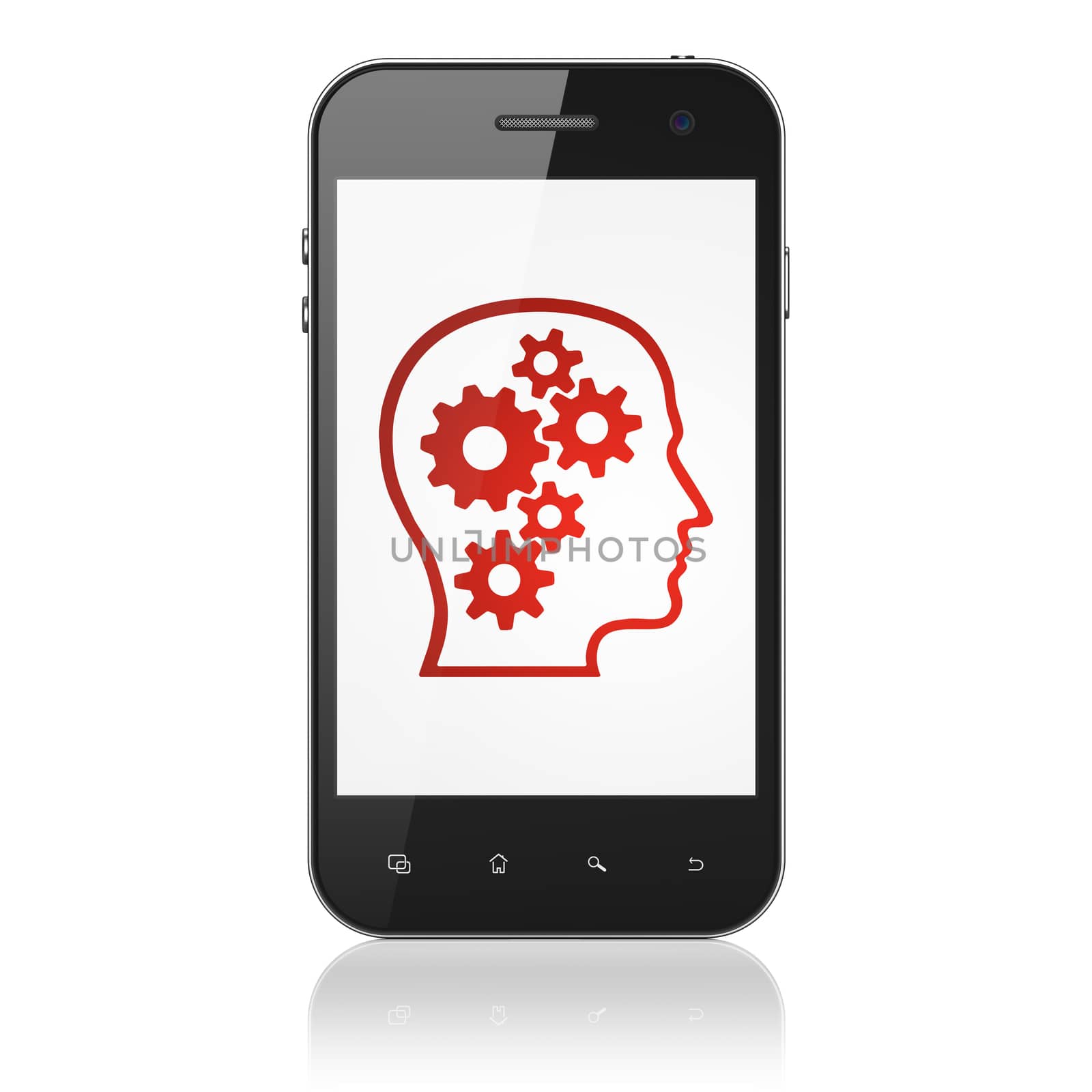 Data concept: smartphone with Head With Gears icon on display. Generic mobile smart phone on White background, modern cell phone, 3d render