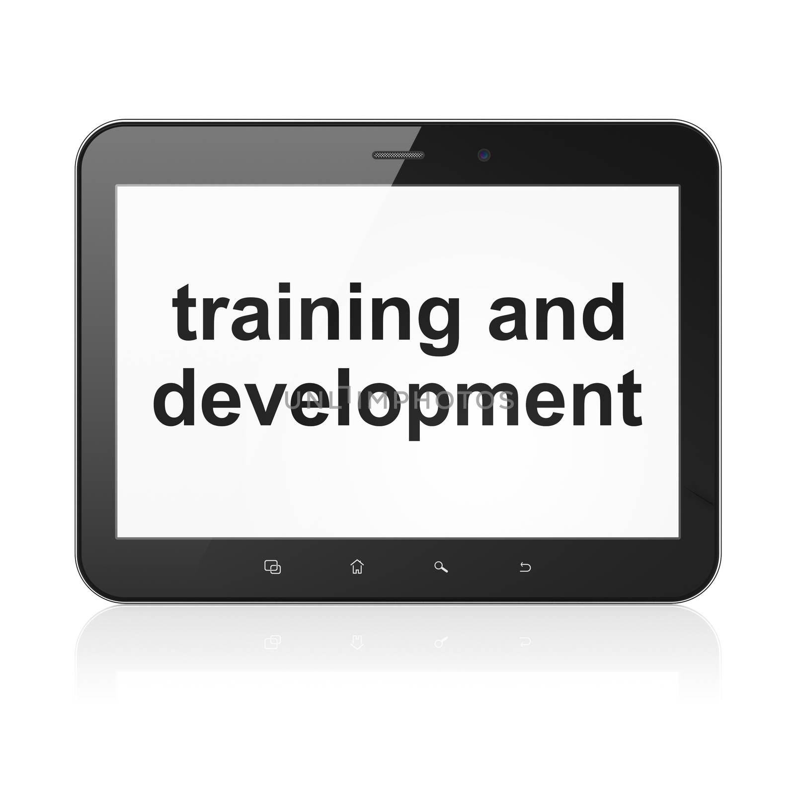 Education concept: black tablet pc computer with text Training and Development on display. Modern touch pad on White background, 3d render