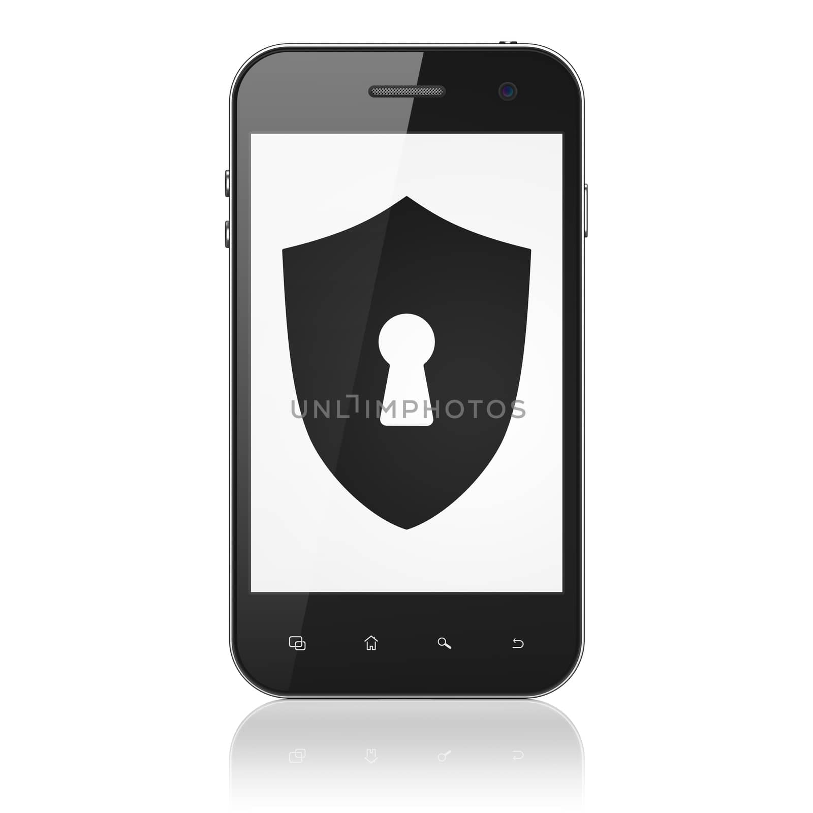 Protection concept: smartphone with Shield With Keyhole icon on display. Mobile smart phone on White background, 3d render