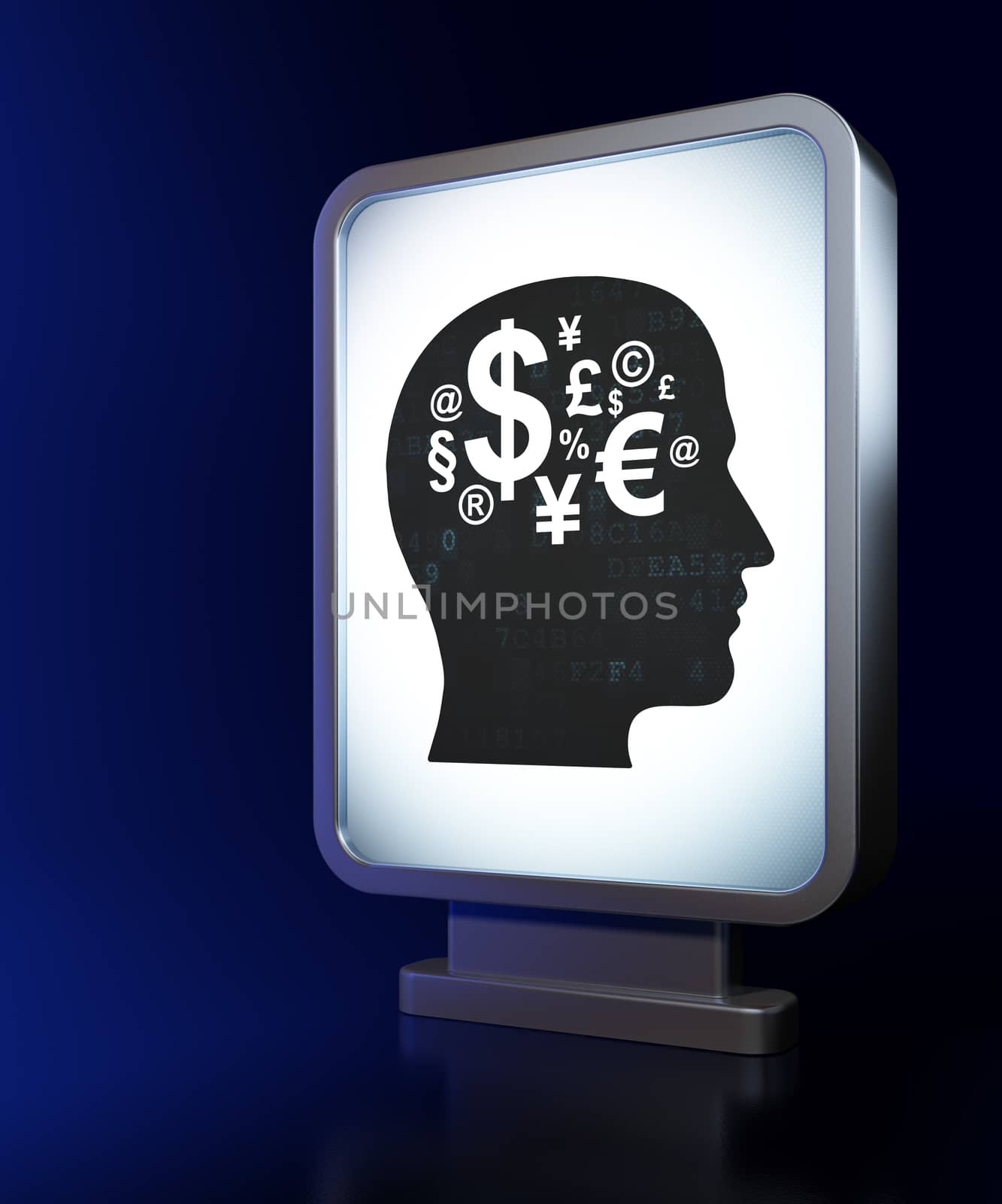 Business concept: Head With Finance Symbol on advertising billboard background, 3d render