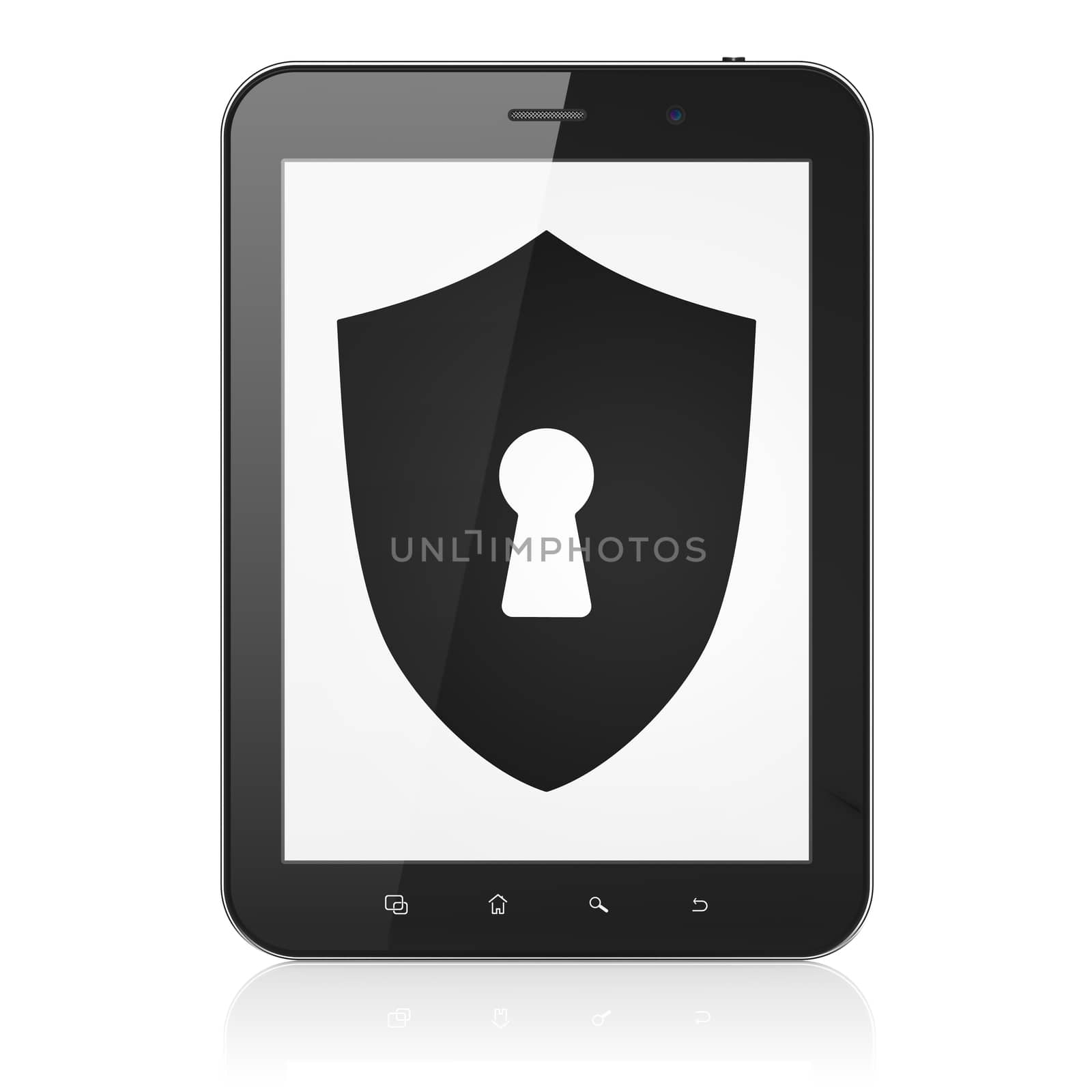 Protection concept: black tablet pc computer with Shield With Keyhole icon on display. Modern touch pad on White background, 3d render