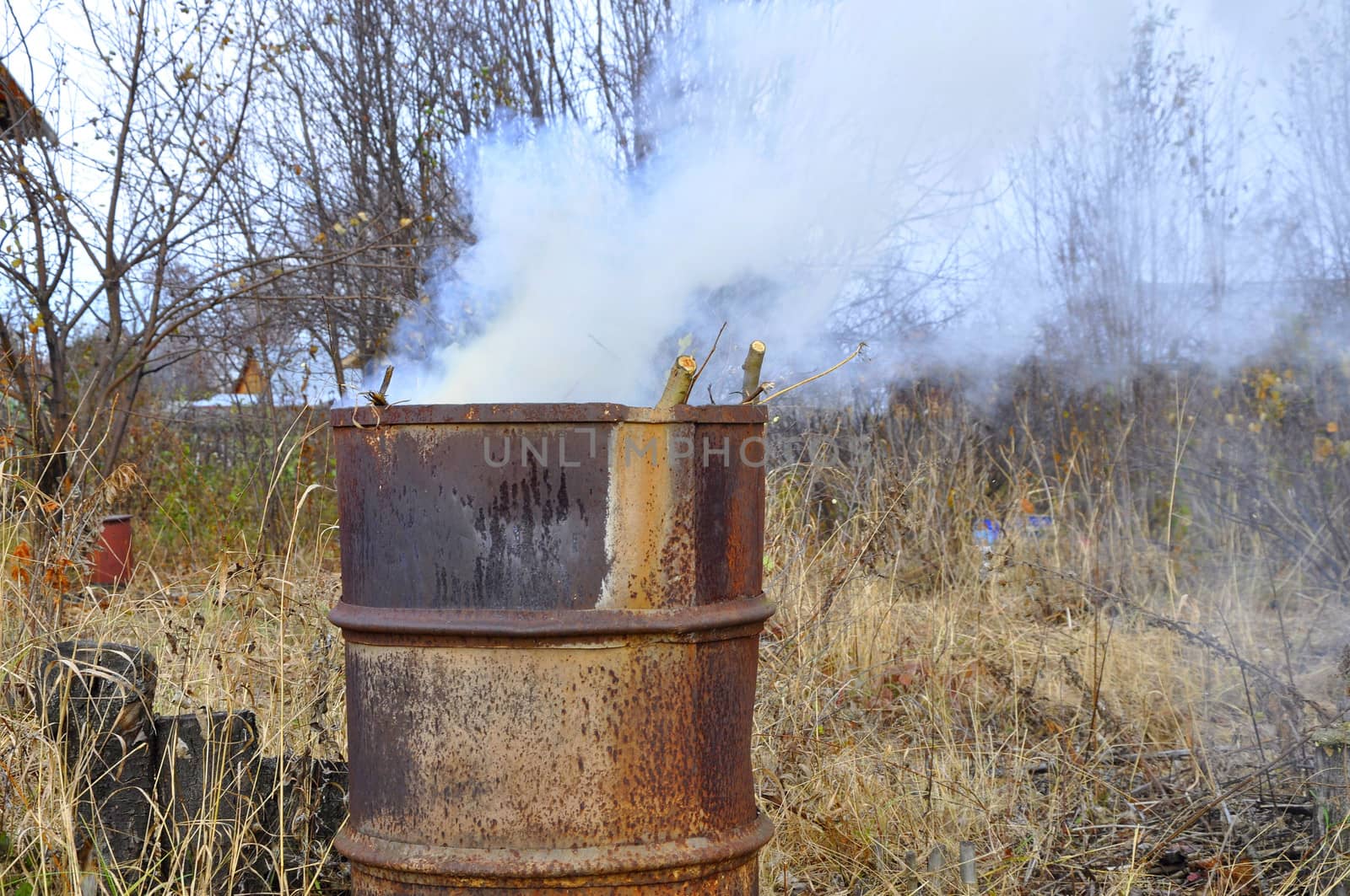 Smoke from a barrel with garbage on a country site