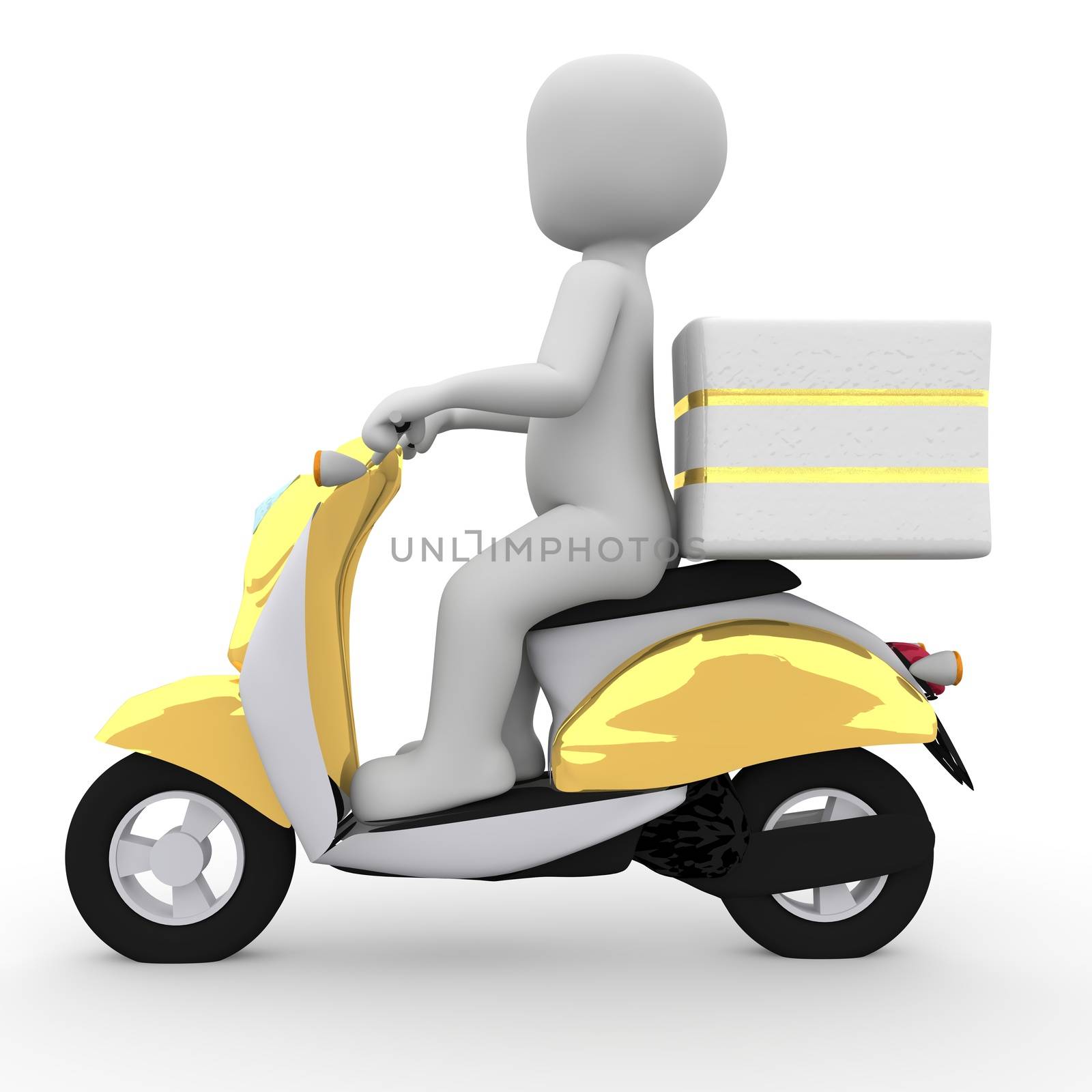 The postman brings the mail with a golden moped.