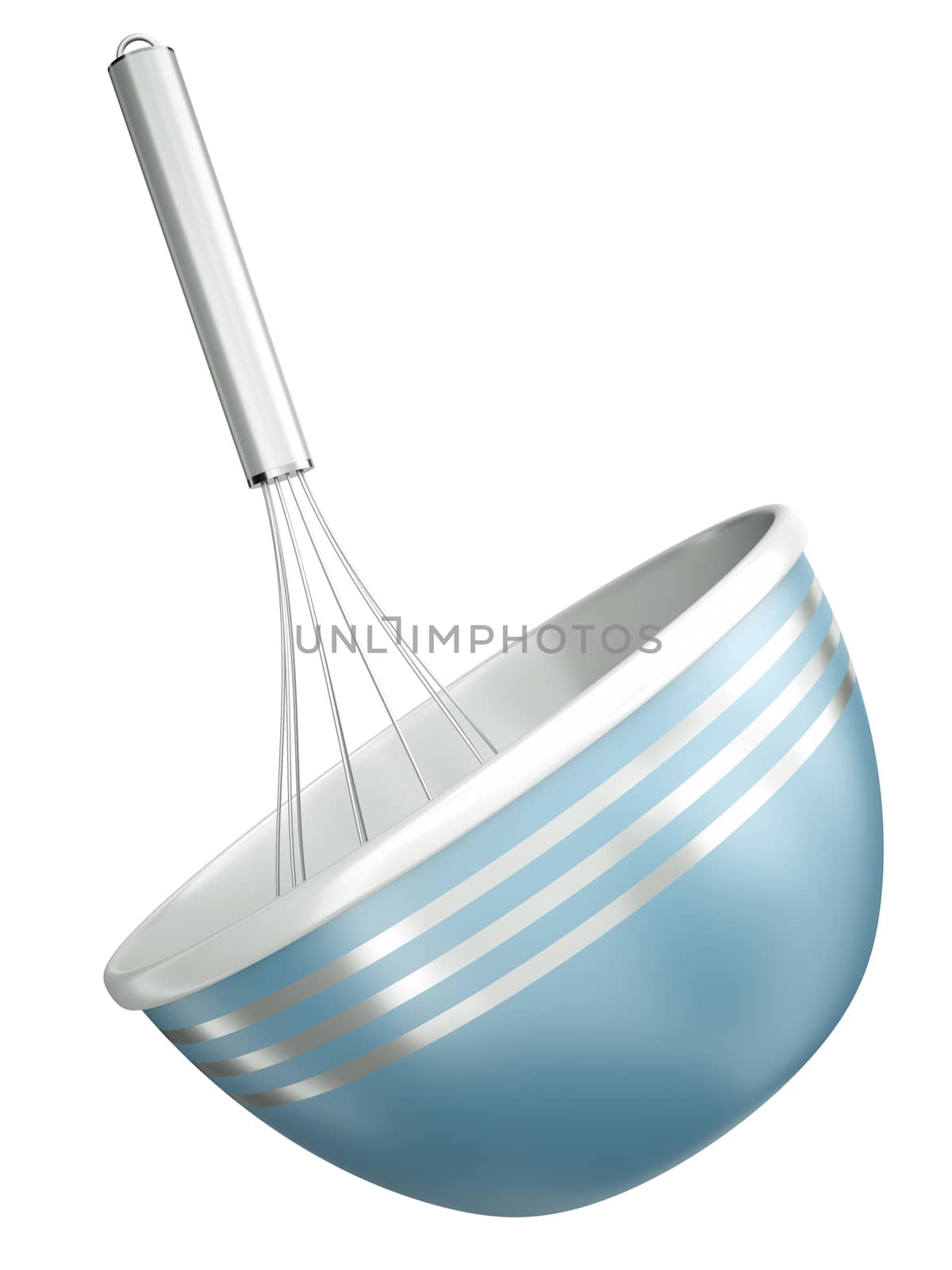 Blue bowl with a wire whisk isolated on a white background. 3D render.
