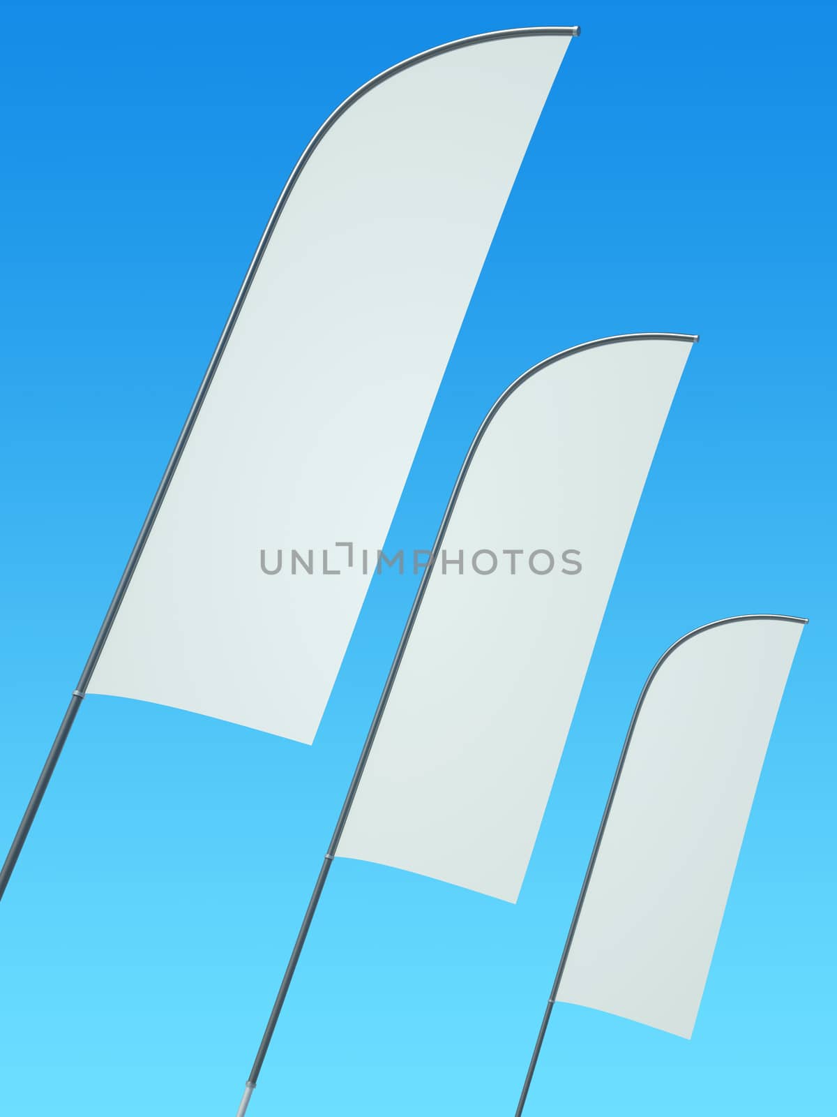 Three blank feather banners against clear sky. 3D render.