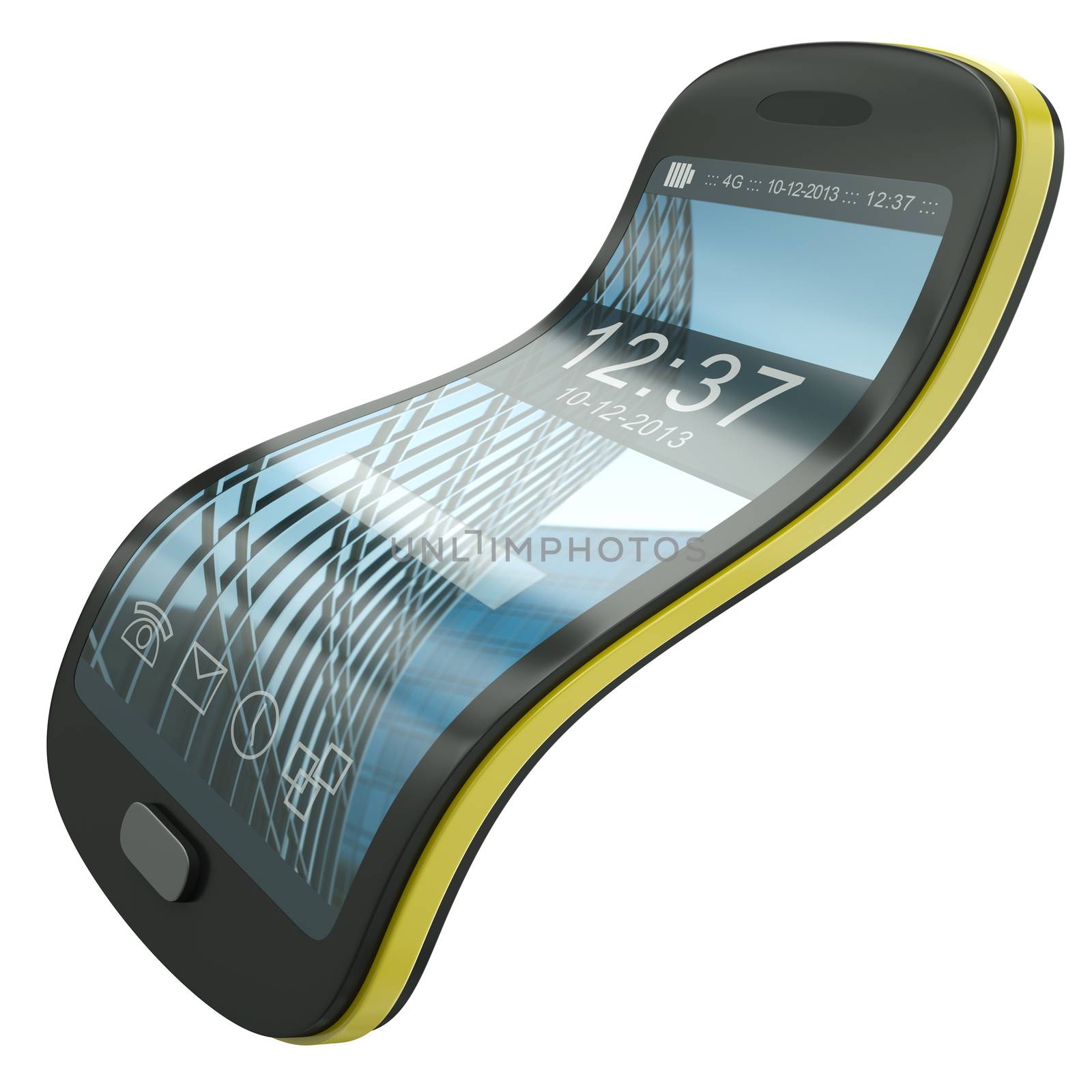 Flexible smartphone, concept illustration. The screen layout design, including icons and background artwork was created by me.