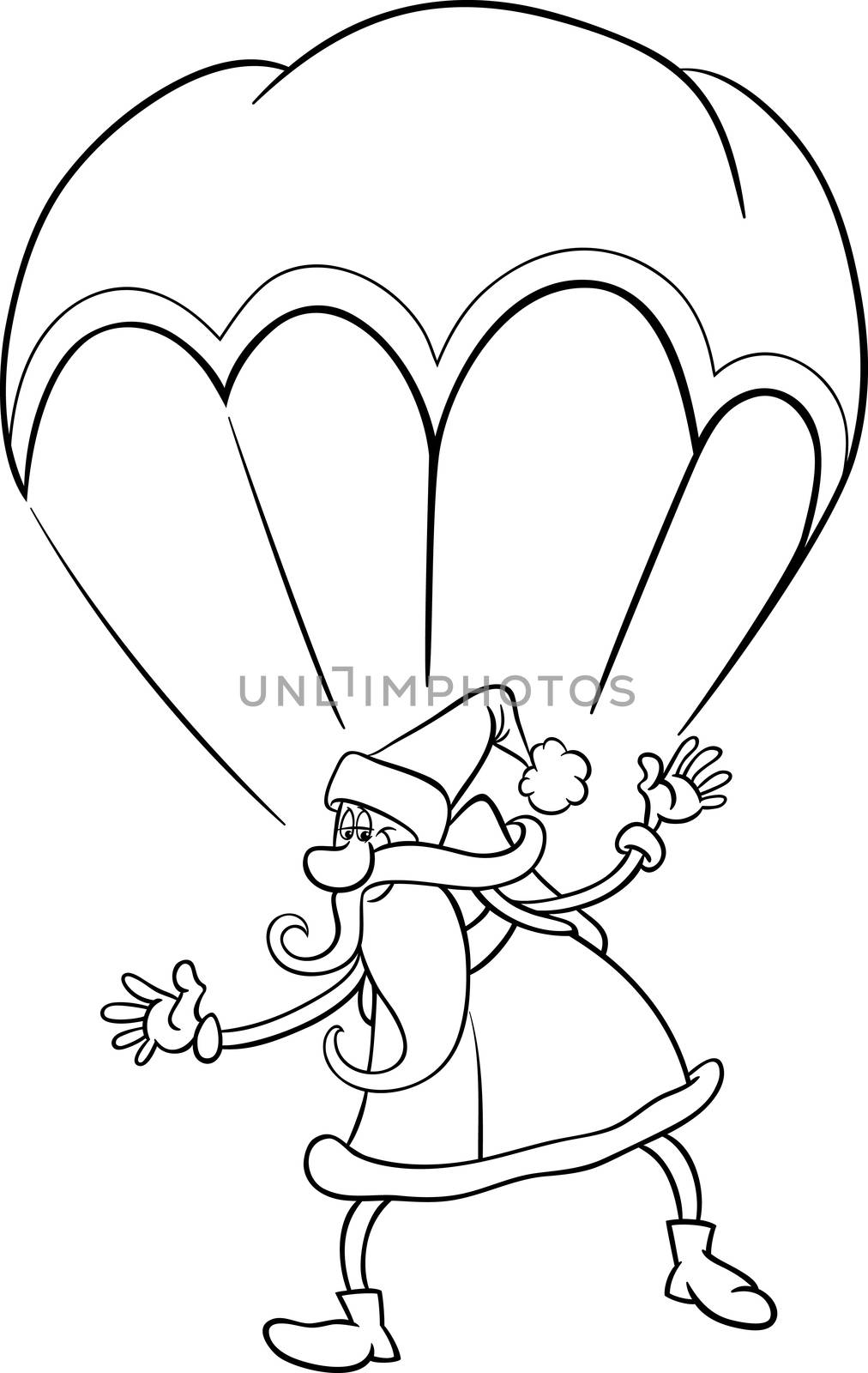 Black and White Cartoon Illustration of Funny Santa Claus Character Flying on Parachute for Coloring Book