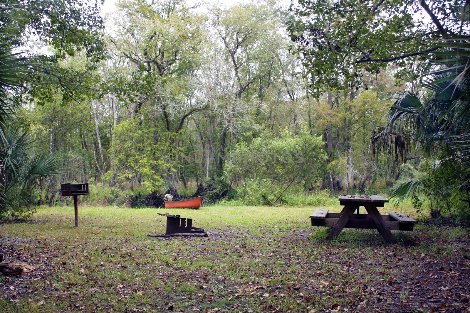 A primitive campsite in a remote tropical forest, with a canoe resting on the creek bank.