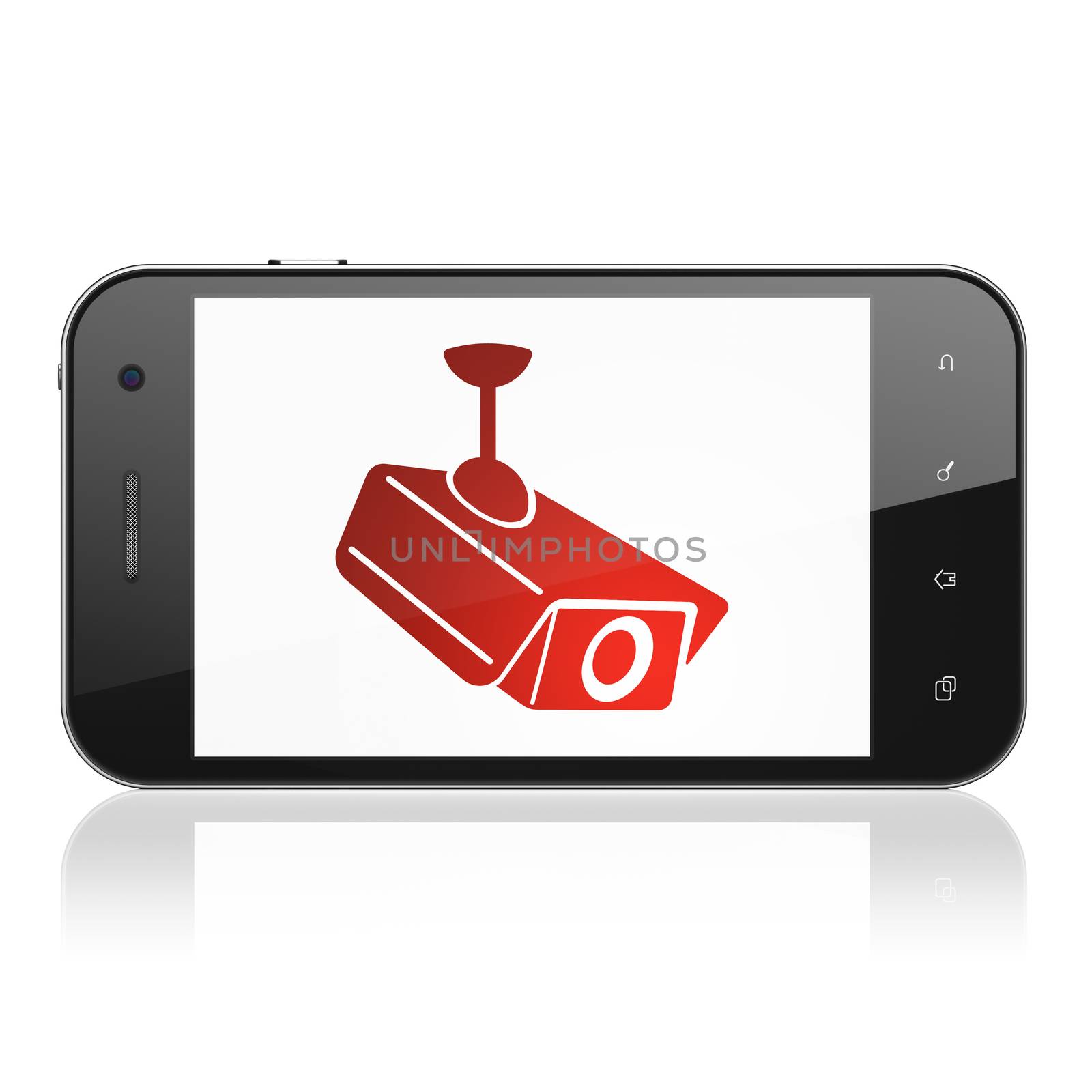 Protection concept: smartphone with Cctv Camera icon on display. Mobile smart phone on White background, cell phone 3d render