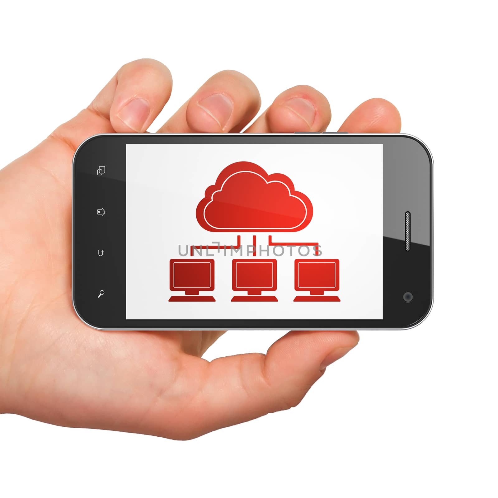 Cloud computing concept: hand holding smartphone with Cloud Network on display. Mobile smart phone in hand on White background, 3d render