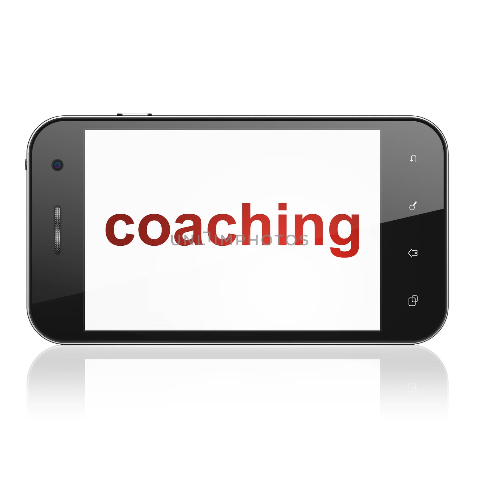 Education concept: smartphone with text Coaching on display. Mobile smart phone on White background, cell phone 3d render