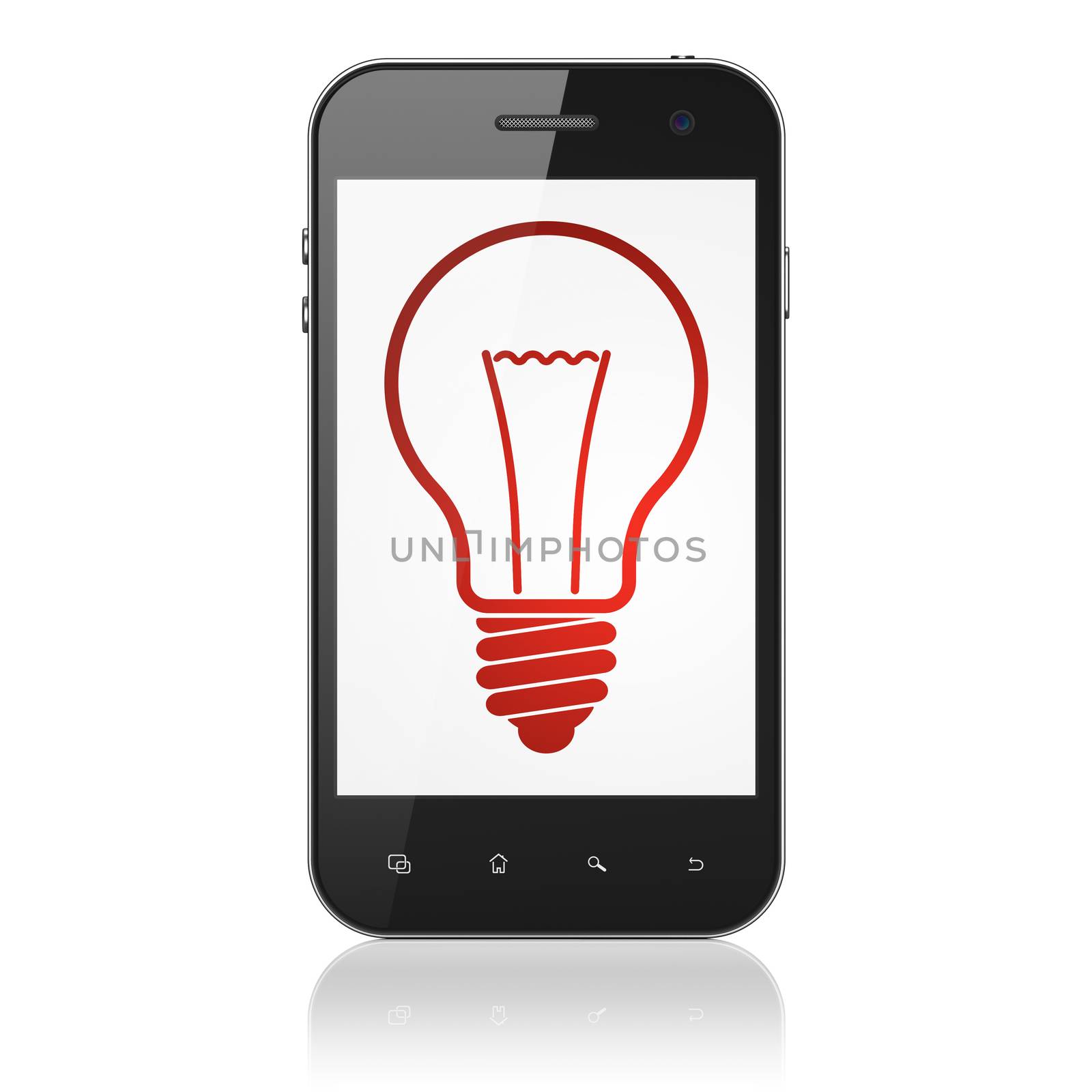Finance concept: smartphone with Light Bulb icon on display. Mobile smart phone on White background, cell phone 3d render
