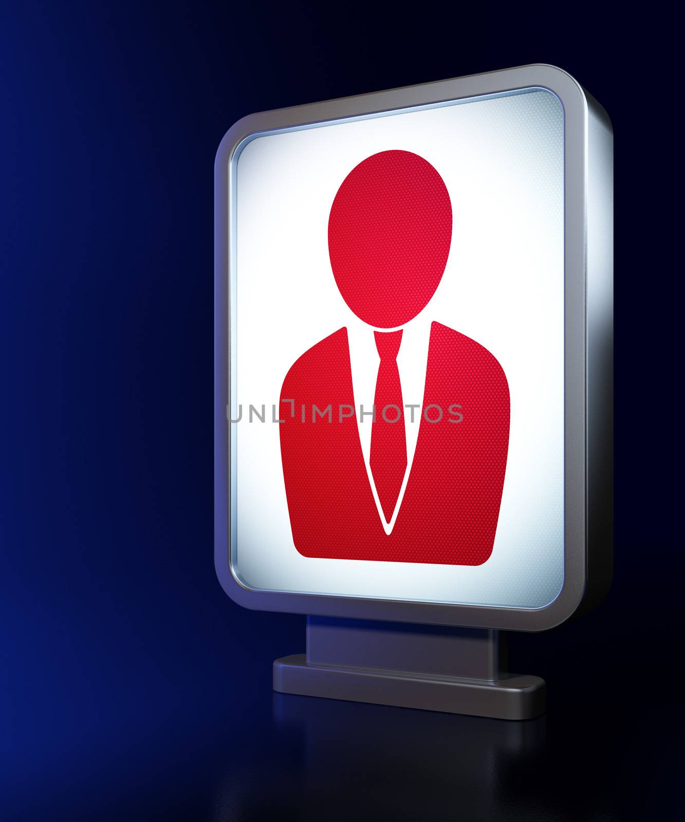 News concept: Business Man on advertising billboard background, 3d render