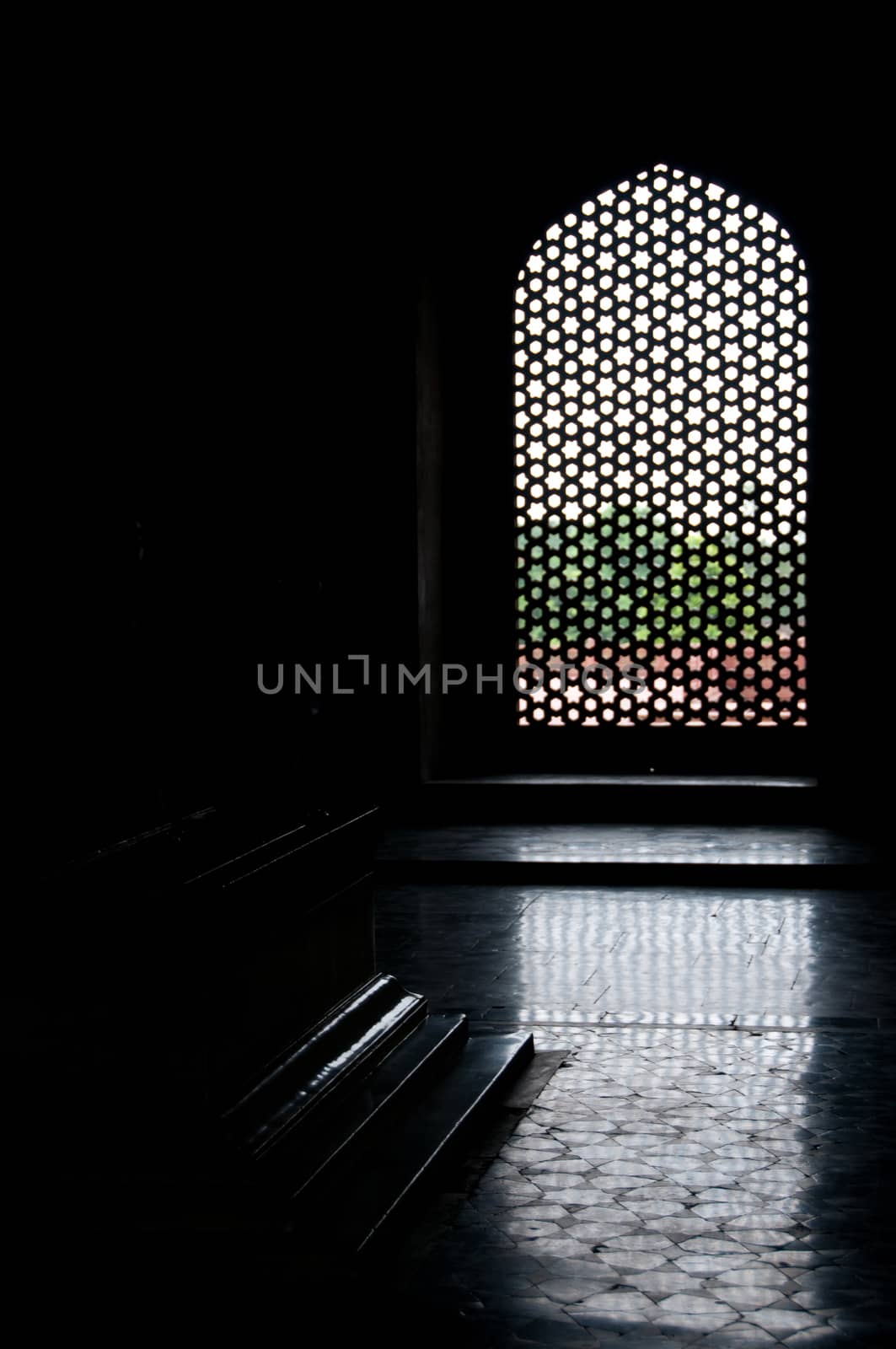 Window and  gravestone in Humayun's tomb stairs, Delhi, India by iryna_rasko