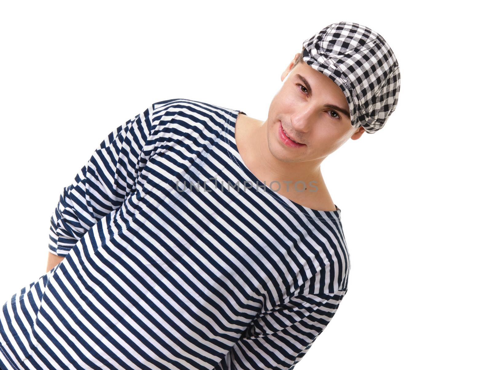 Look naughty handsome young man portrait in stylish striped dress and cap