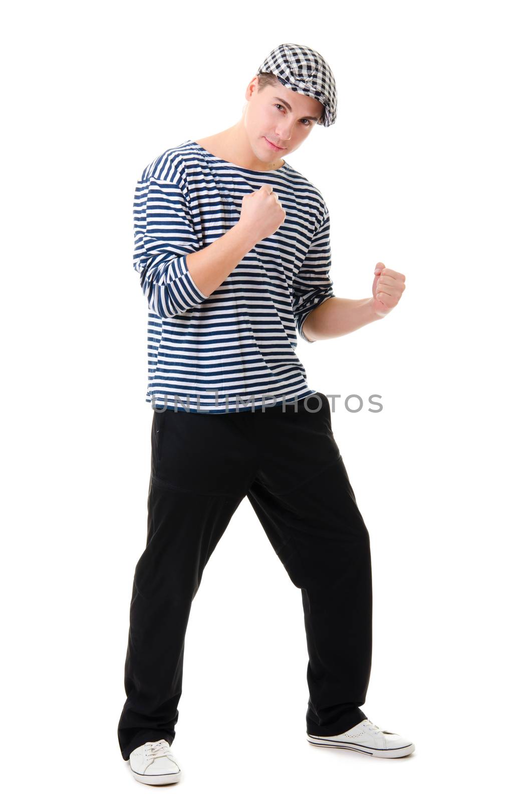 Look naughty and combat young man in stylish striped dress and cap