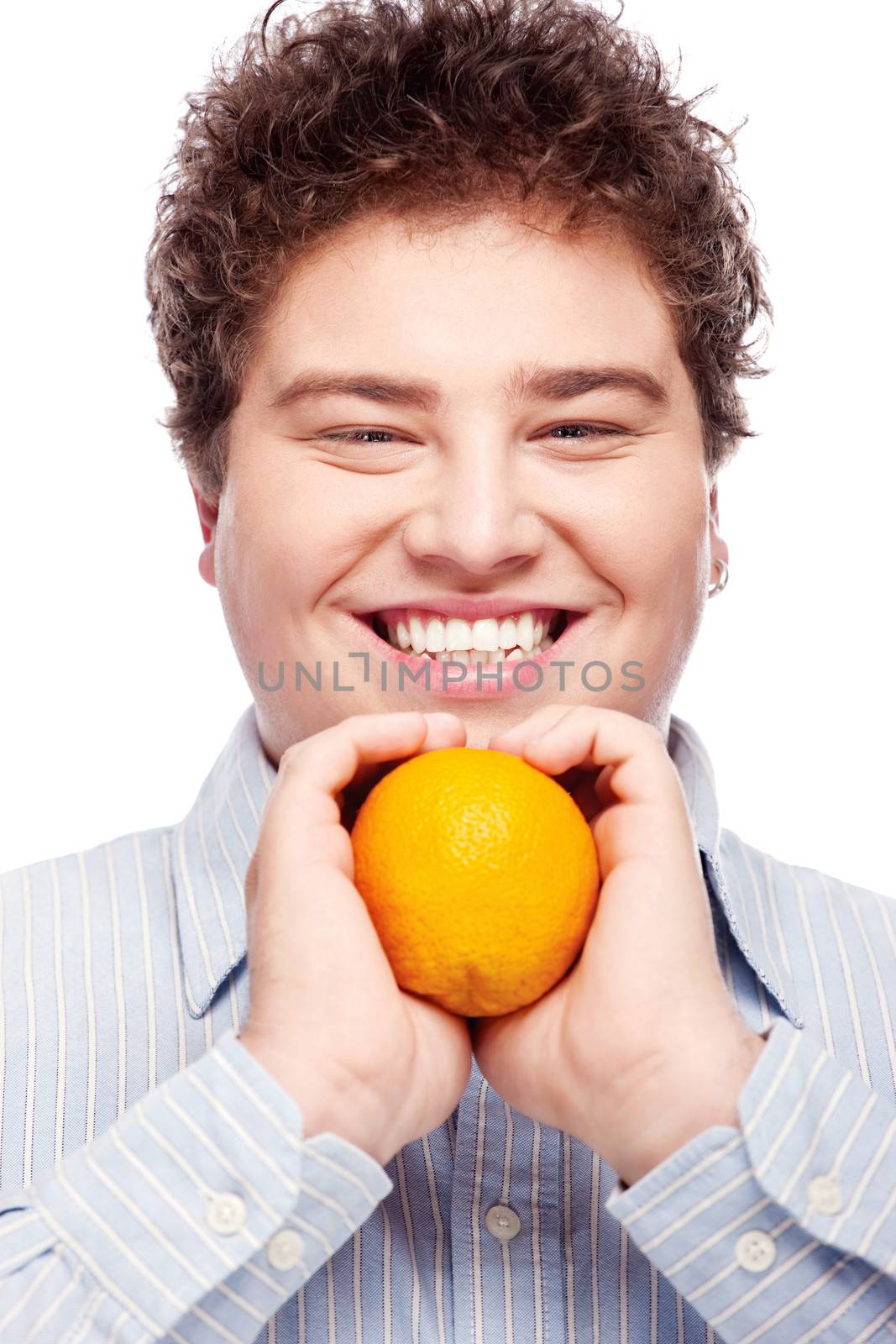 Happy chubby man with orange, isolated on white