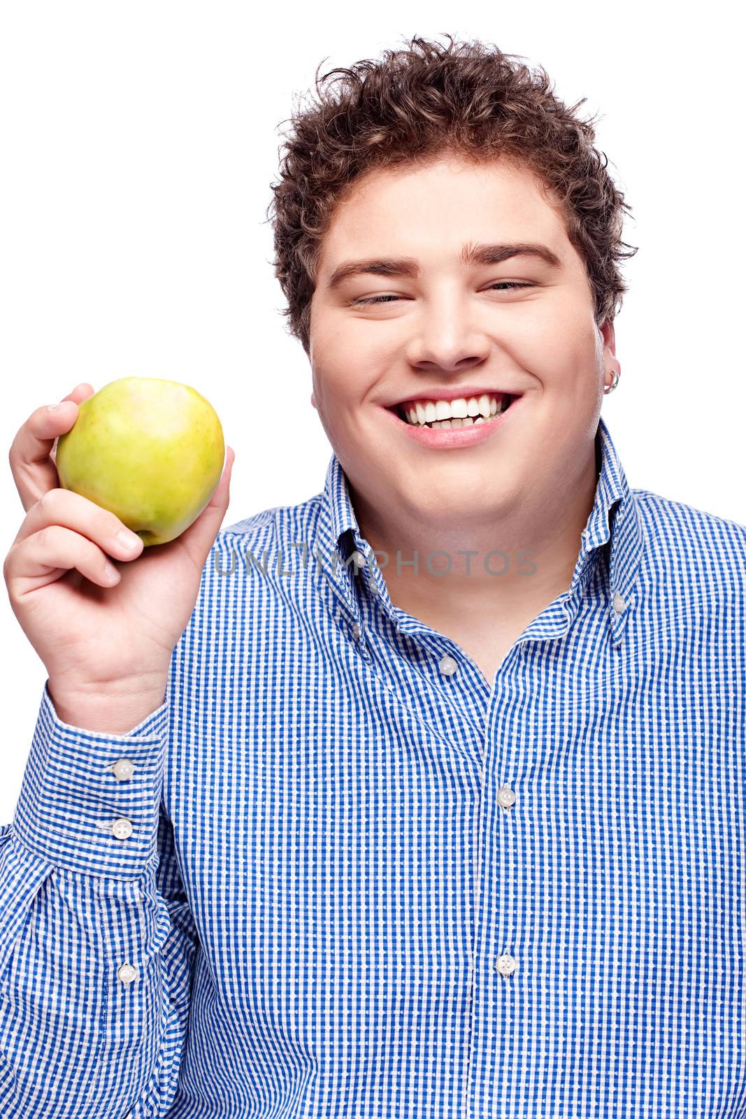chubby man holding apple by imarin