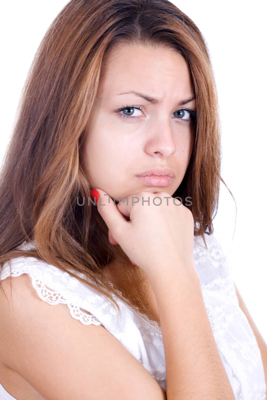 Offended Young Woman Portrait isolated on white backgroun