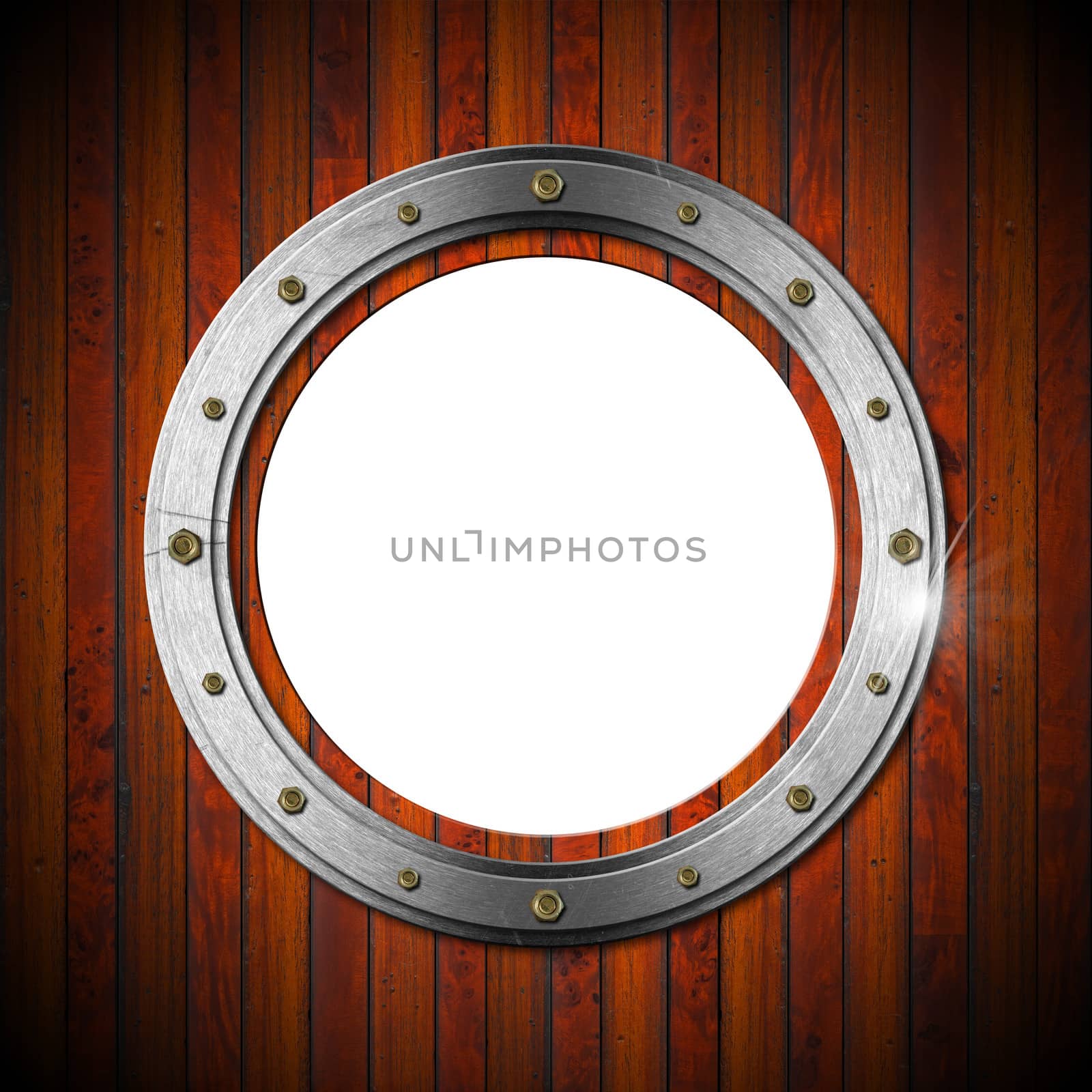 Metallic porthole with bolts on a brown wooden wall with empty hole 