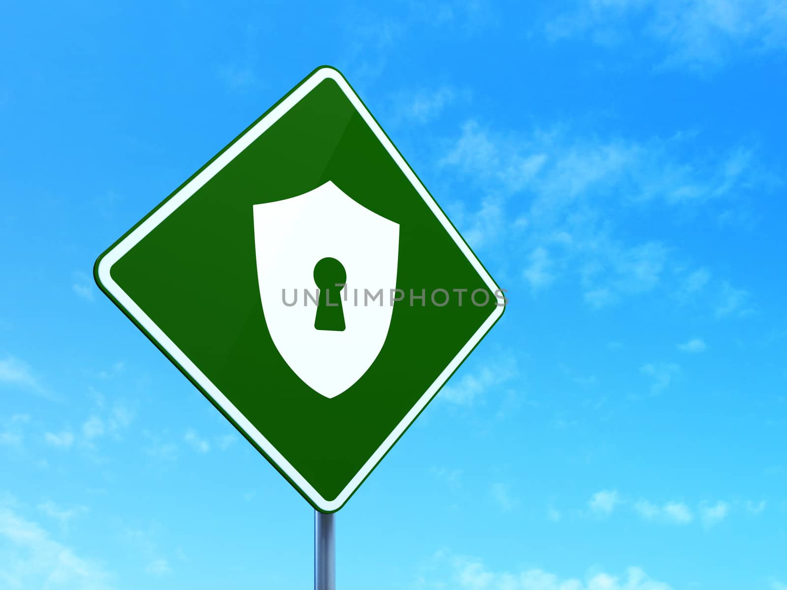 Privacy concept: Shield With Keyhole on road sign background by maxkabakov