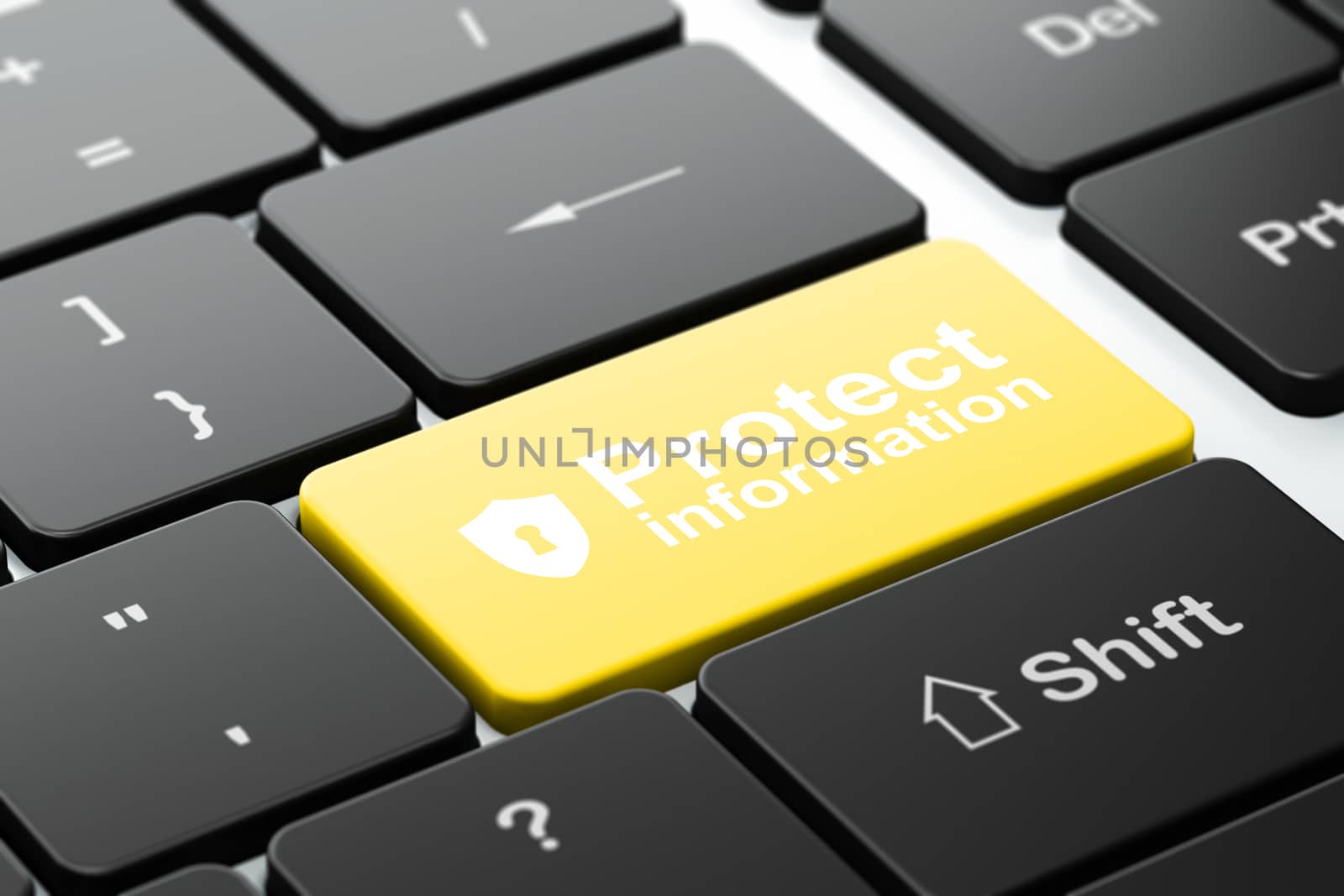 Privacy concept: computer keyboard with Shield With Keyhole icon and word Protect Information, selected focus on enter button, 3d render