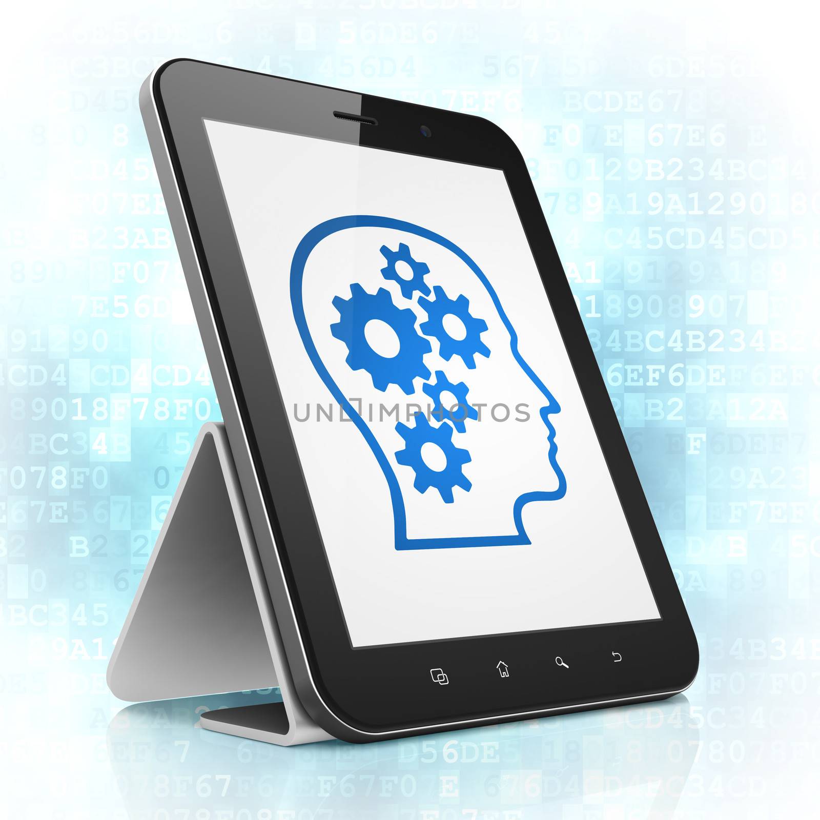 Marketing concept: black tablet pc computer with Head With Gears icon on display. Modern portable touch pad on Blue Digital background, 3d render