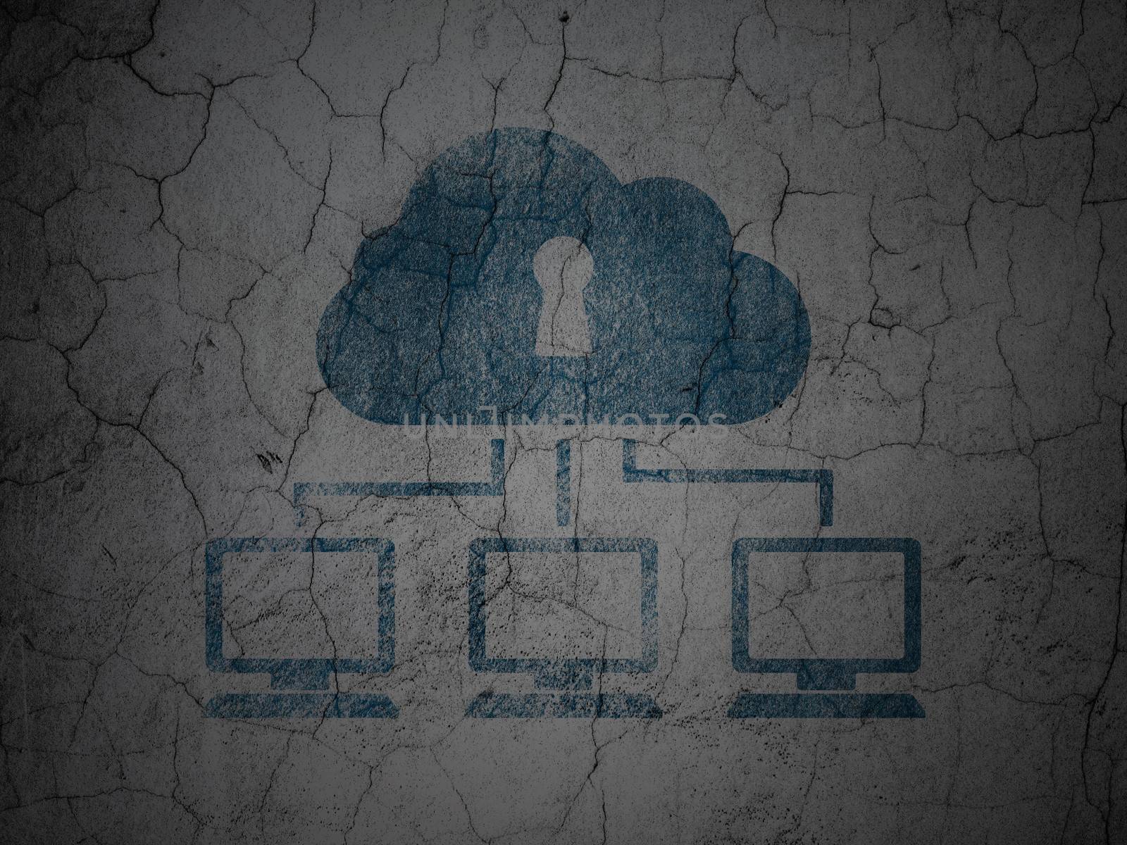 Cloud technology concept: Blue Cloud Network on grunge textured concrete wall background, 3d render