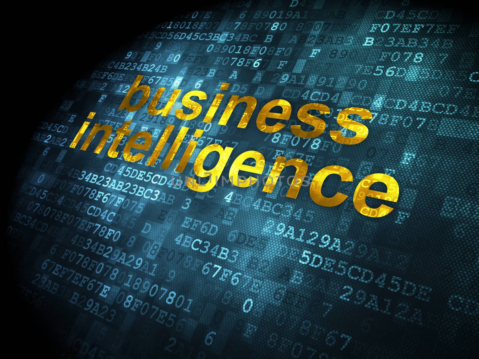Finance concept: pixelated words Business Intelligence on digital background, 3d render
